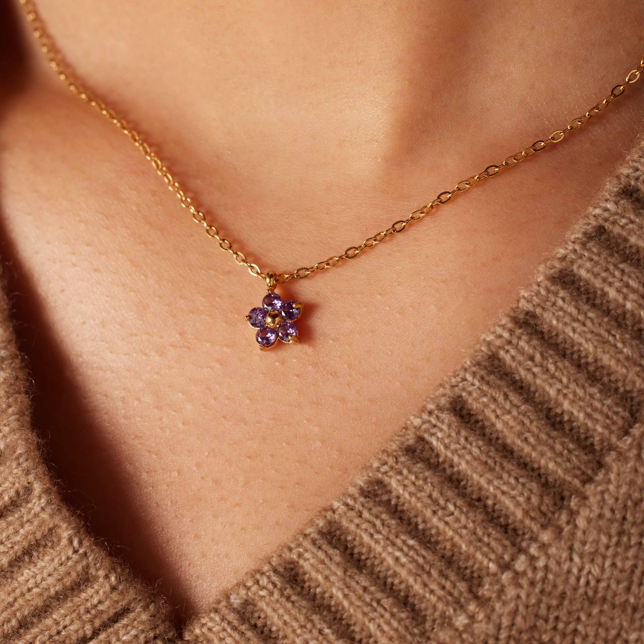 Stainless steel goldplated ketting bloem zirkonia paars voor dames