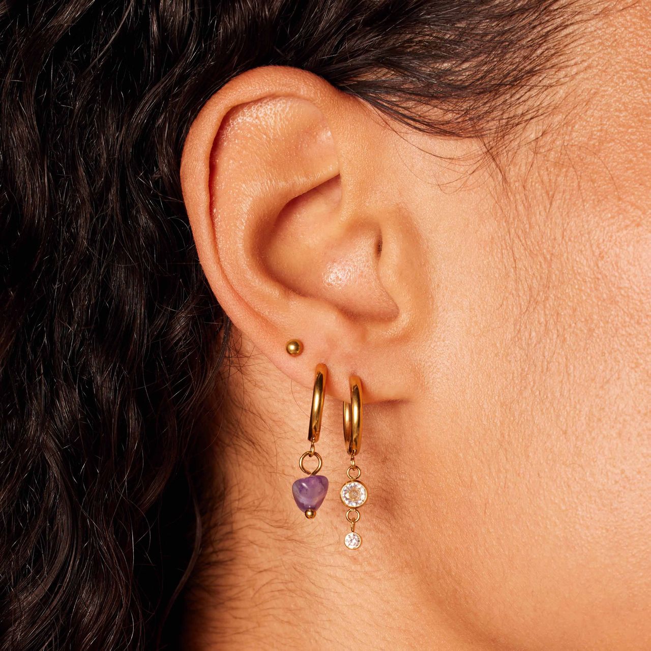 Stalen goldplated oorbellen set amethyst