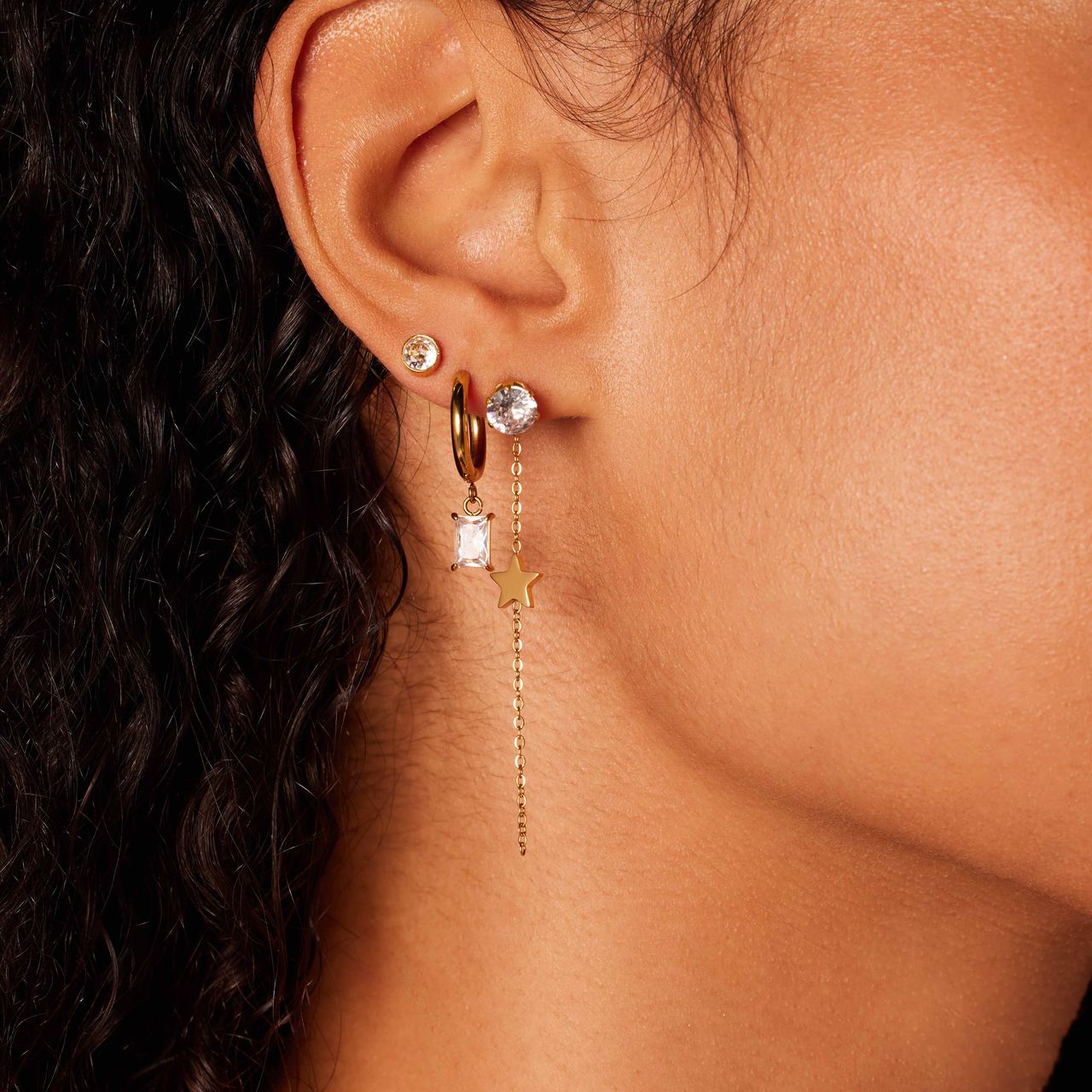 Stalen goldplated oorringen set ster voor dames