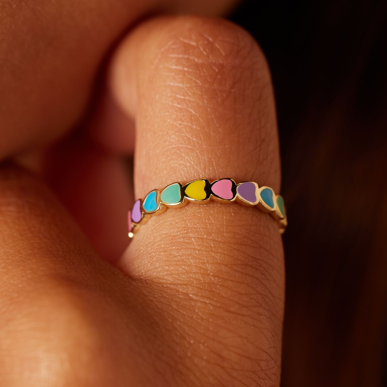 Ring, 925 Silber, vergoldet, bunte Emaille-Herzen