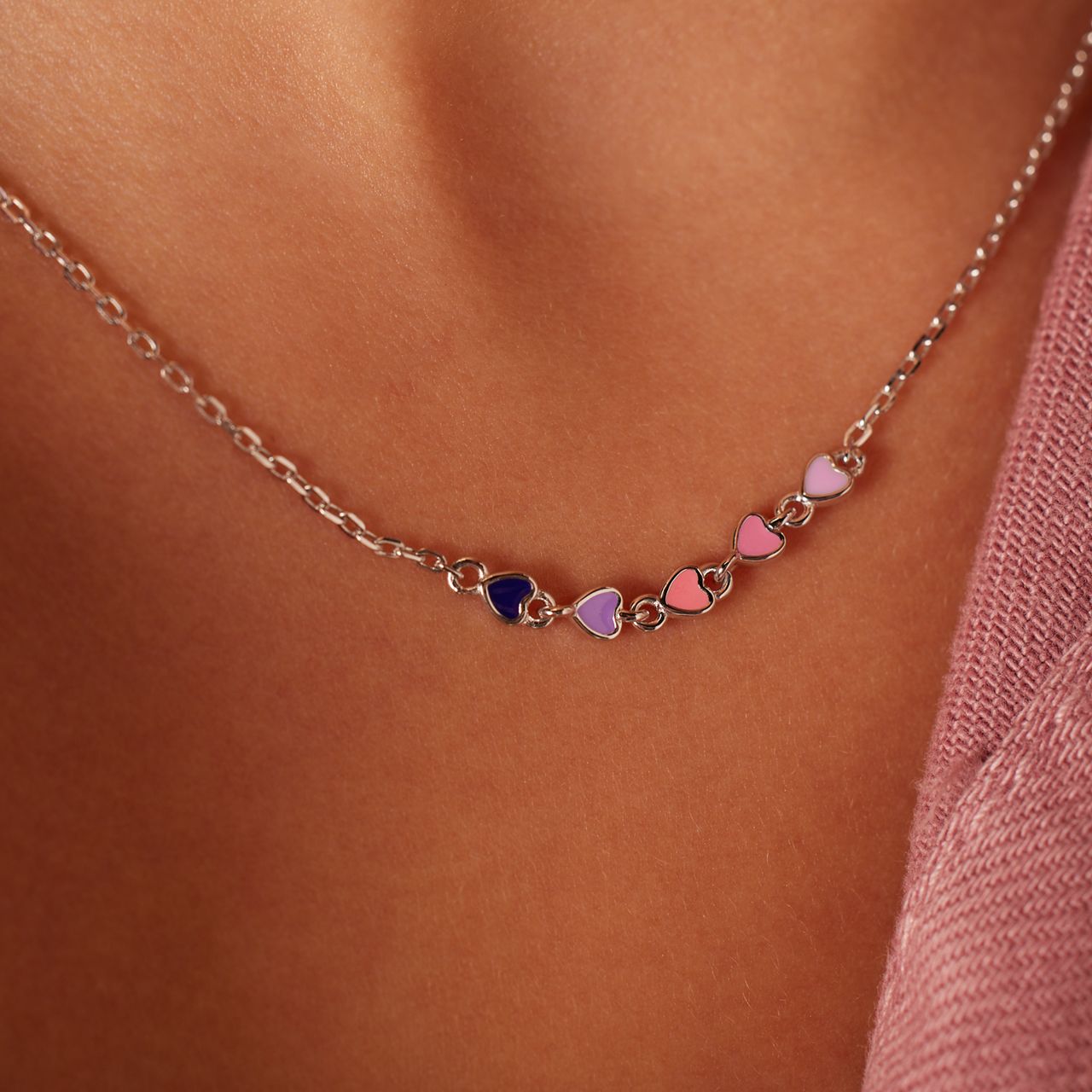Halskette, 925 Silber, bunte Emaille-Herzen