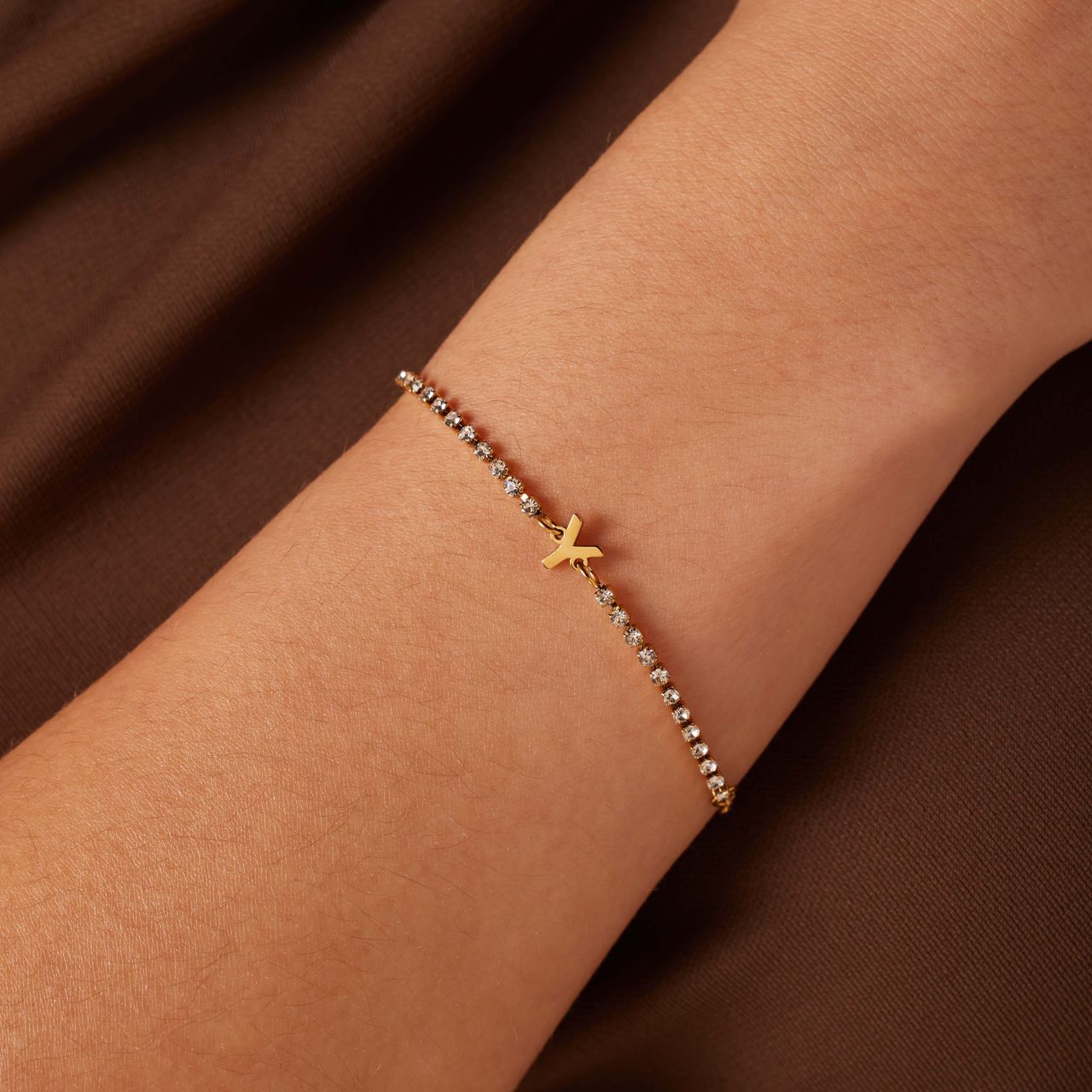 Stainless steel goldplated fantasiearmband met letterhanger Y met zirkonia voor dames