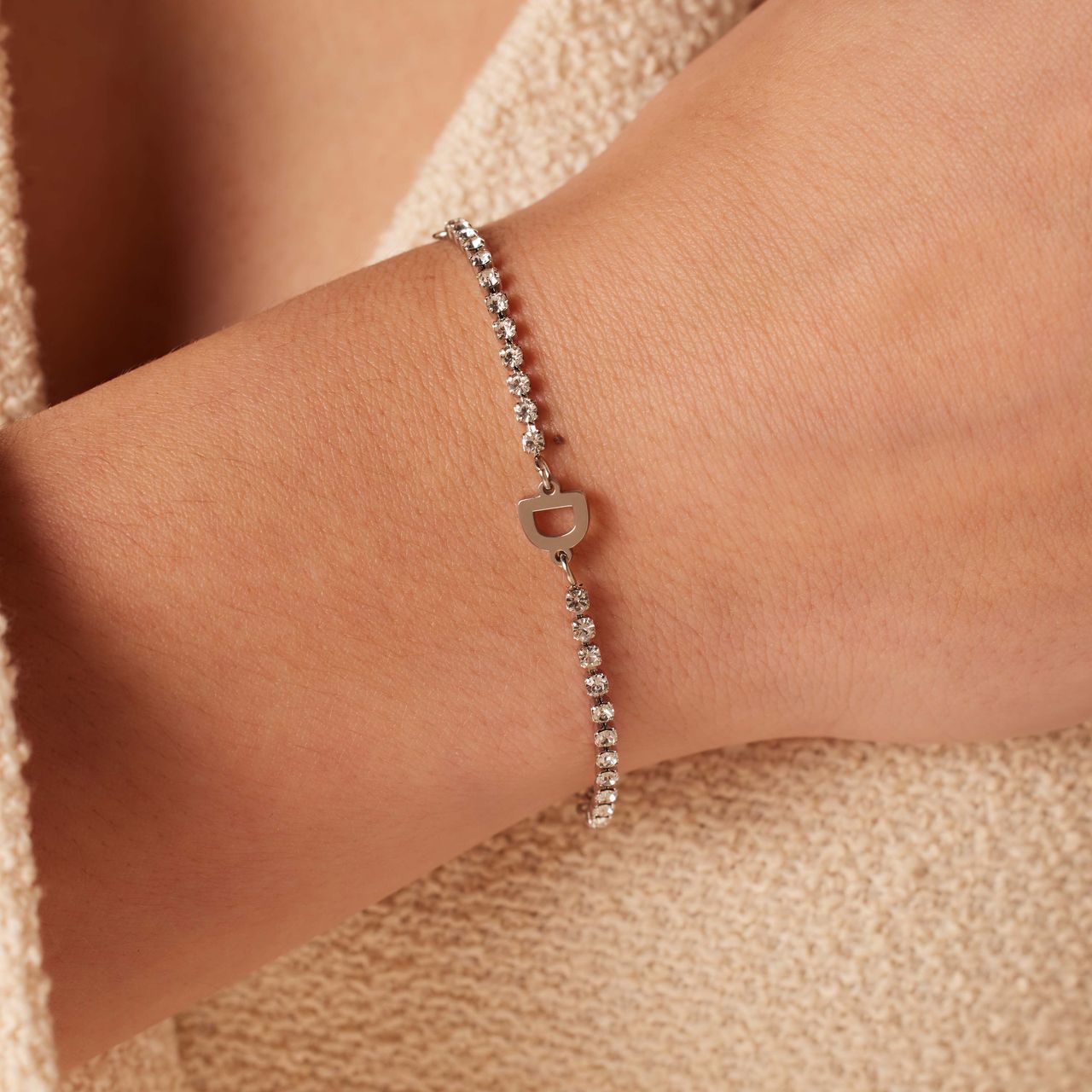 Tennisarmband aus Edelstahl, mit weißem kubischem Zirkonia, Buchstabe: D