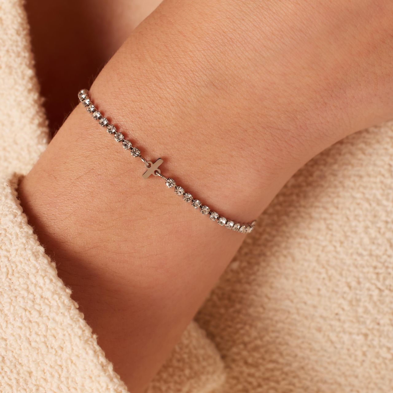 Stalen tennis armband wit cz letter - I