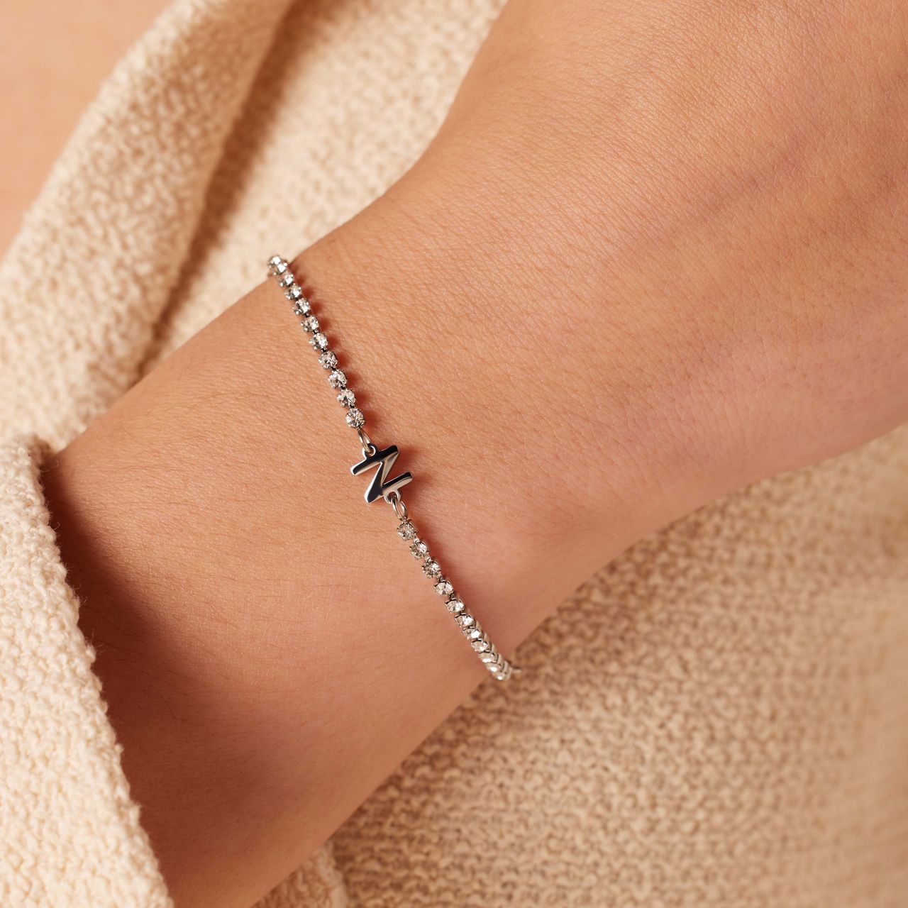 Stalen tennis armband wit cz letter - N