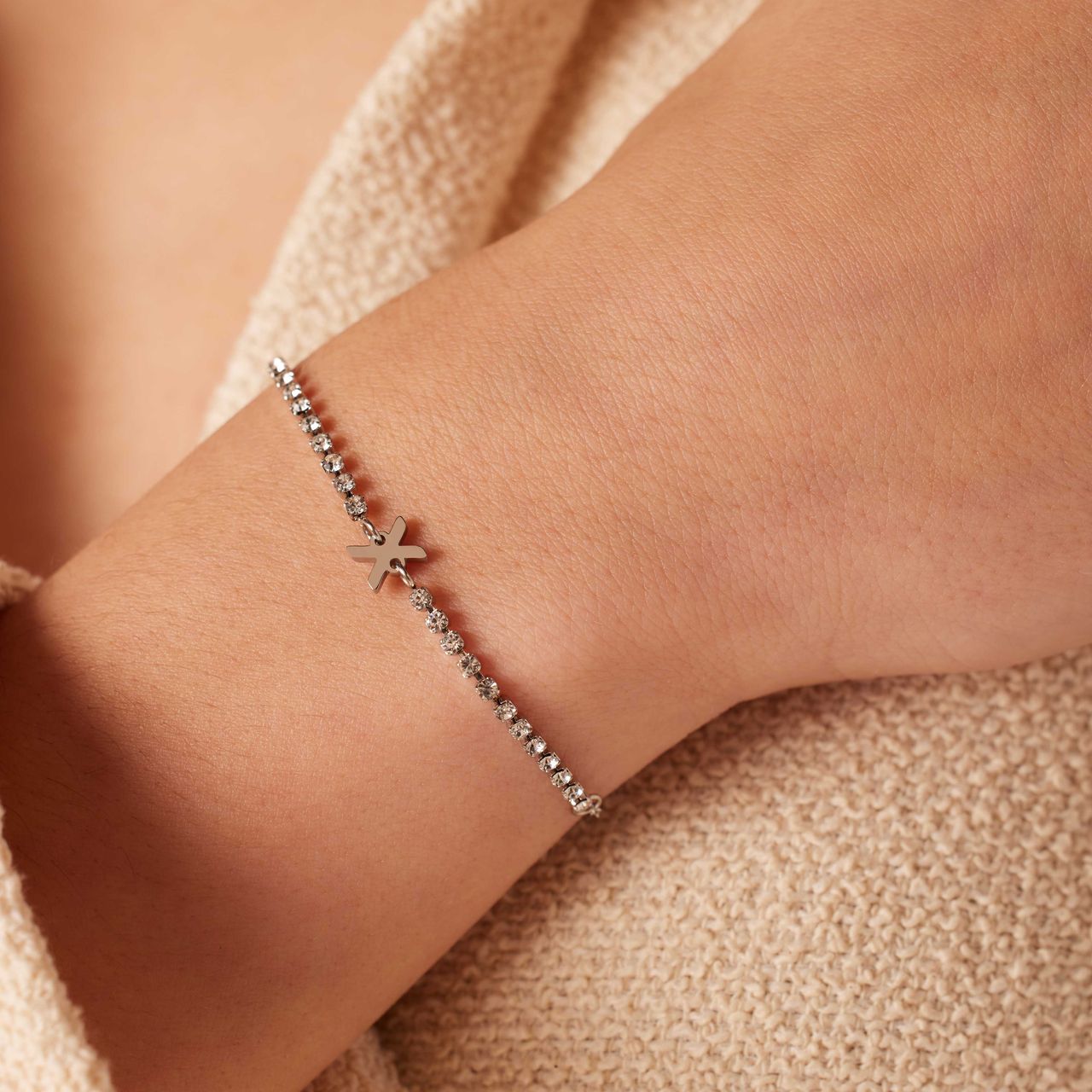 Stalen tennis armband wit cz letter - X