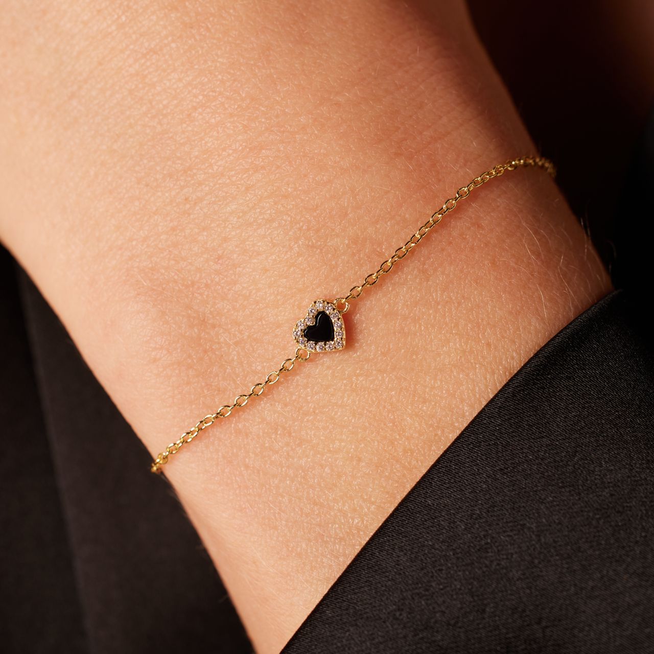 Zilveren goldplated armband hart black agaat voor dames