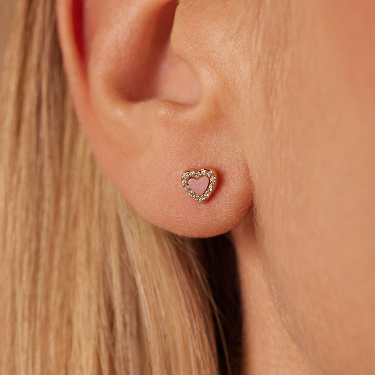 Zilveren goldplated oorknoppen hart met rhodoniet voor dames