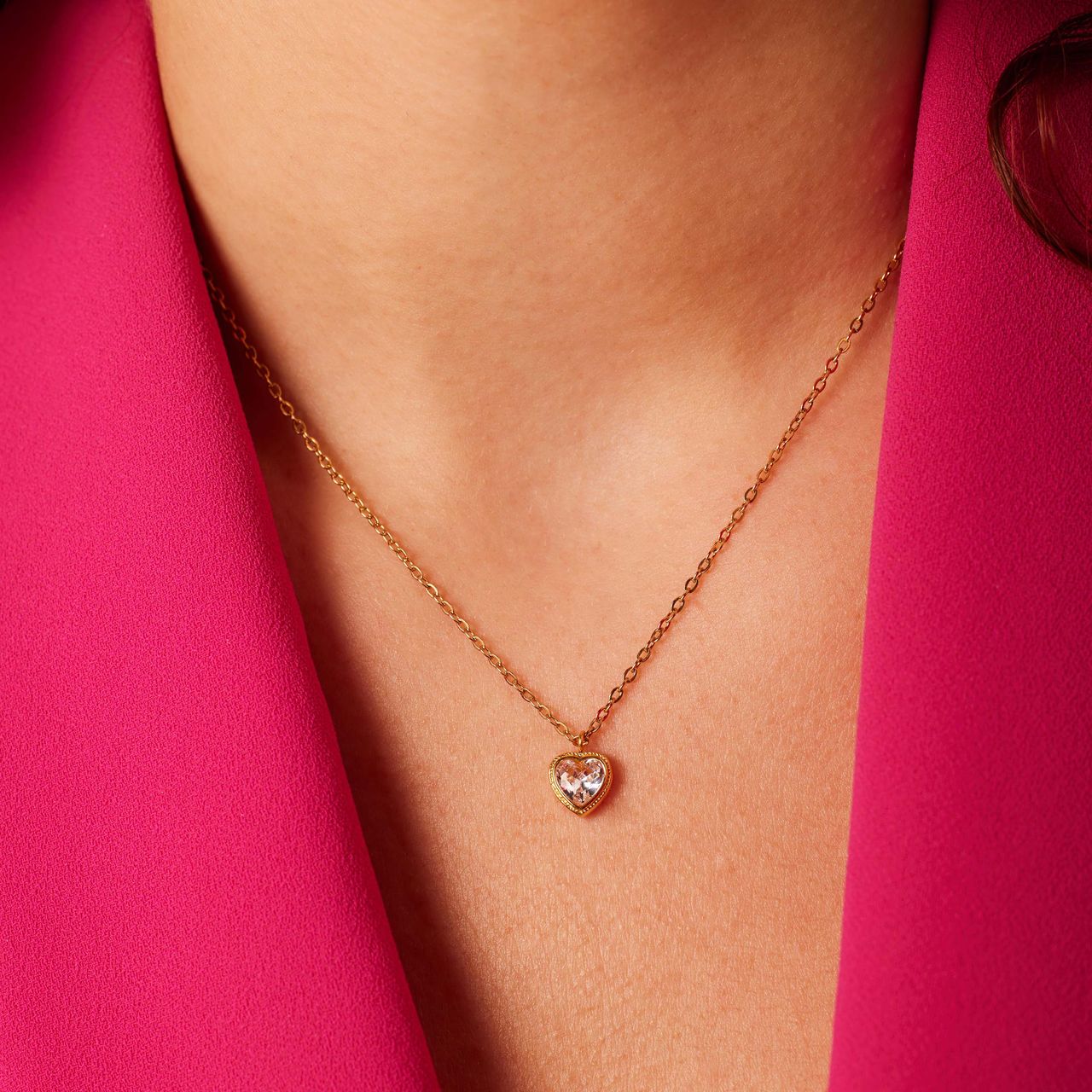 Stalen goldplated ketting met hanger hart met zirkonia voor dames