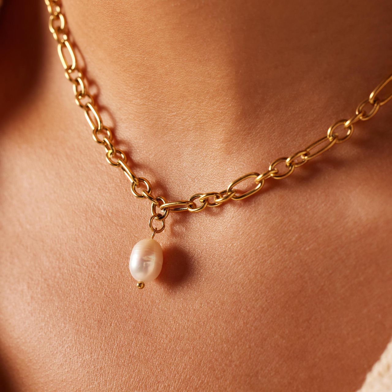 Stalen goldplated parelketting met hanger met parel voor dames