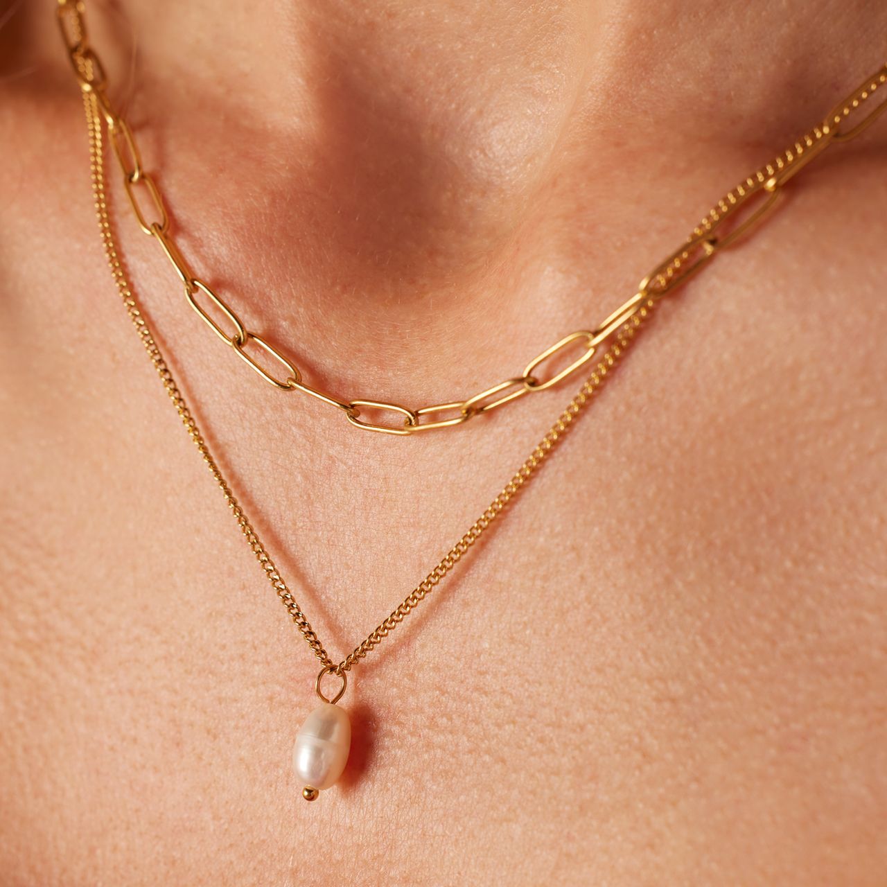 Stainless steel goldplated dubbele ketting met hanger met parel voor dames