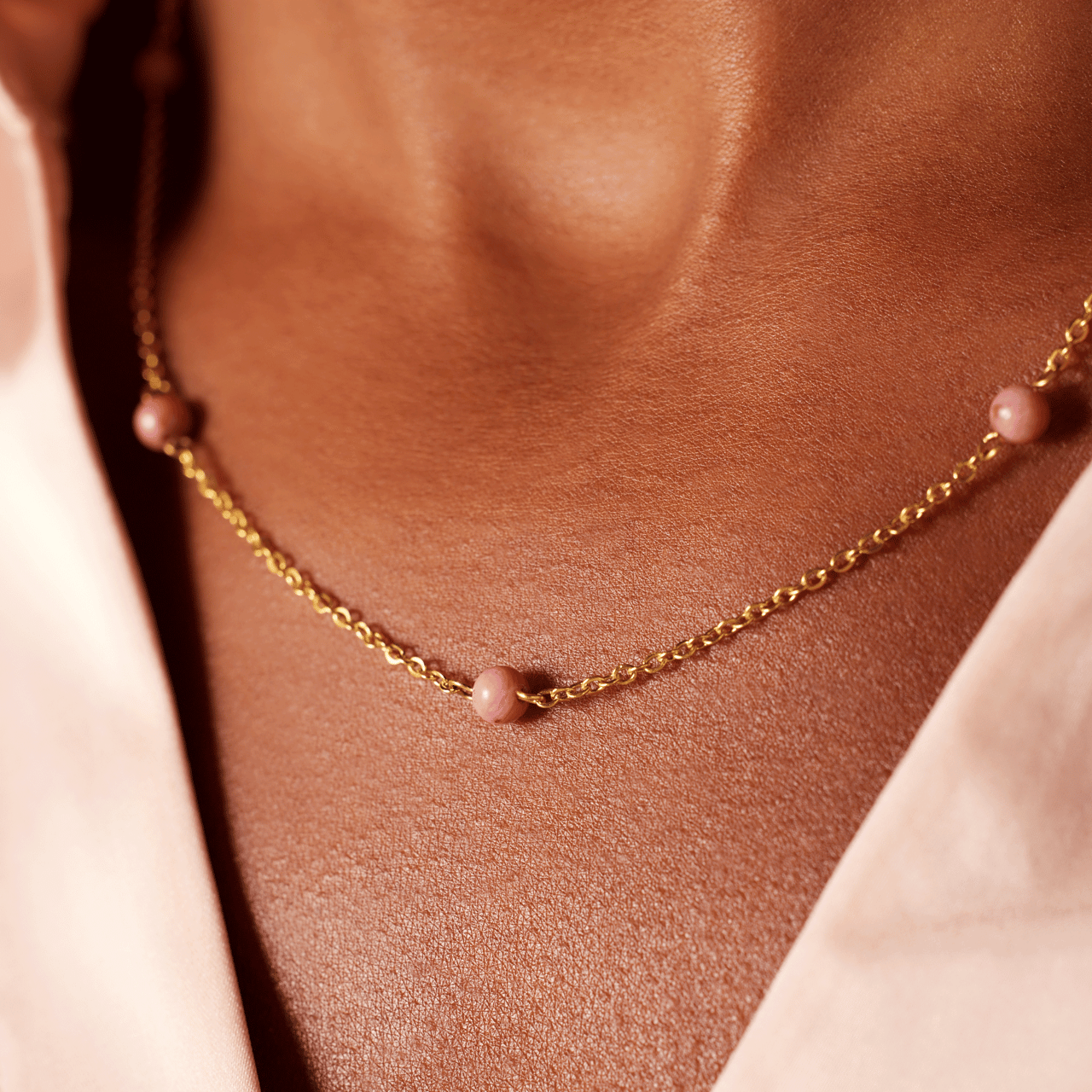 Stainless steel goldplated ketting gemstone rhodonite voor dames