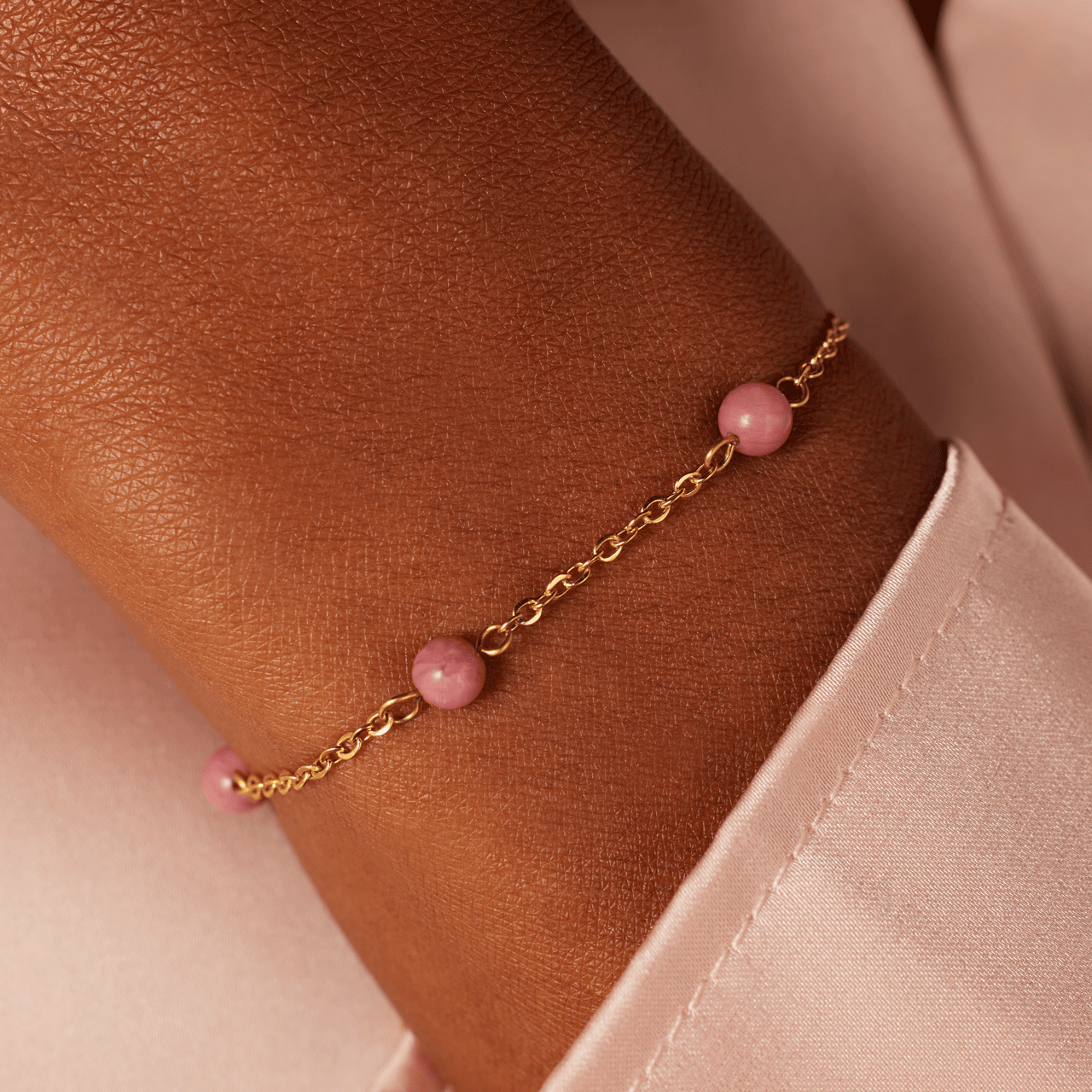 Armband aus Edelstahl, vergoldet, Rhodonit