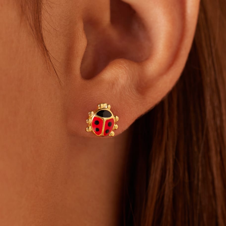 Zilveren goldplated kinderoorknoppen lieveheersbeestje met emaille