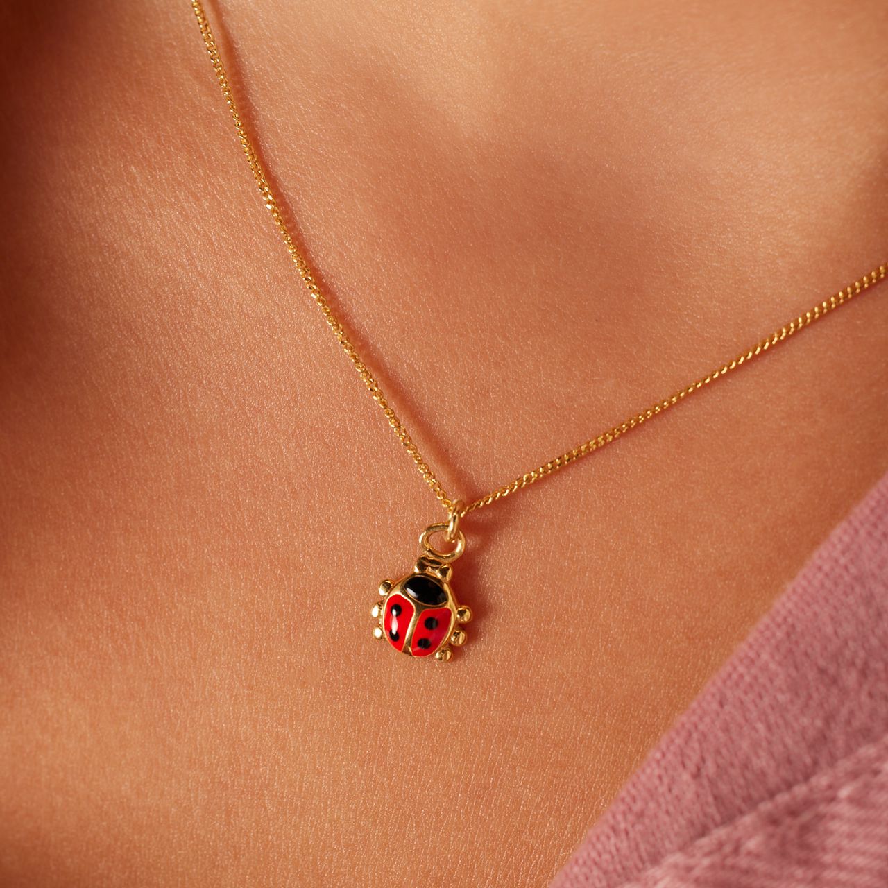 Zilveren goldplated ketting lieveheersbeestje