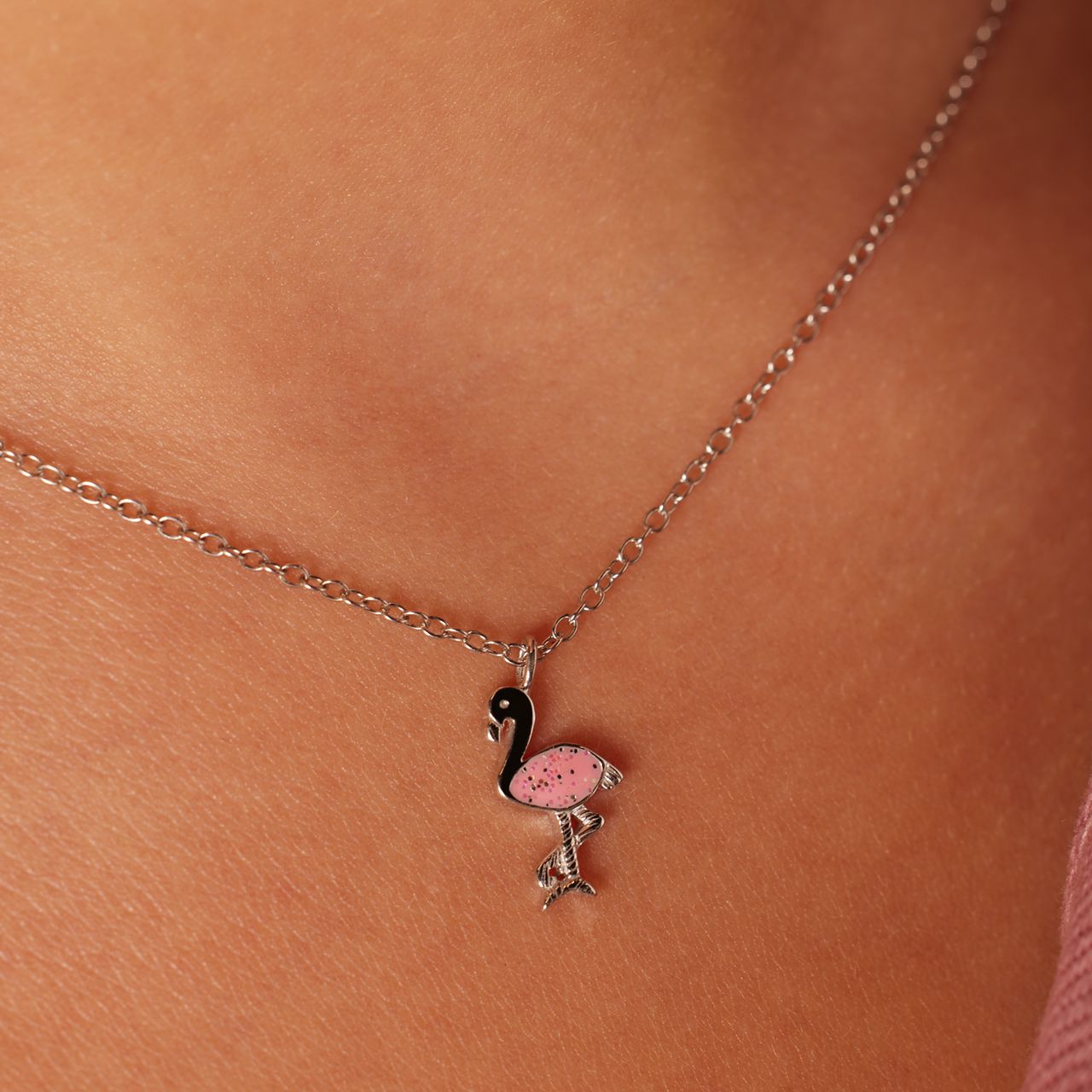 Halskette für Kinder aus 925er Silber, Flamingo, Emaille