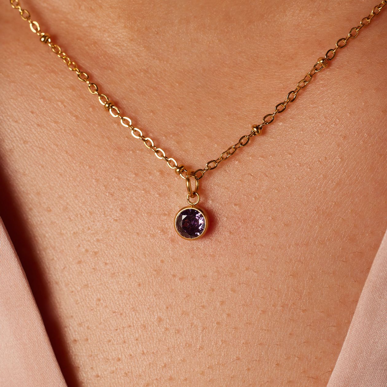 Stainless steel goldplated ketting met geboortesteen hanger februari