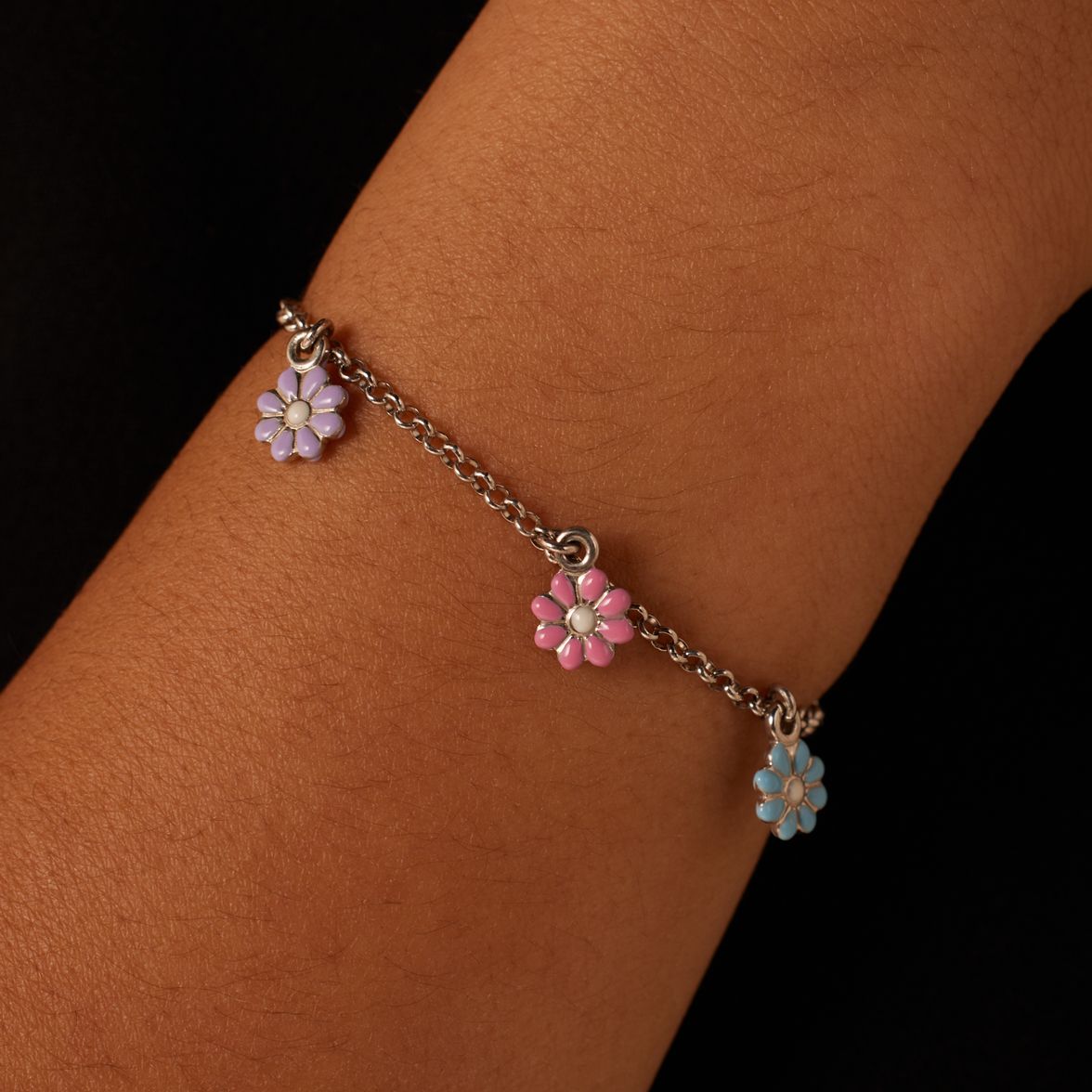Armband für Kinder aus 925er Silber, Charm-Anhänger, Blume, Emaille