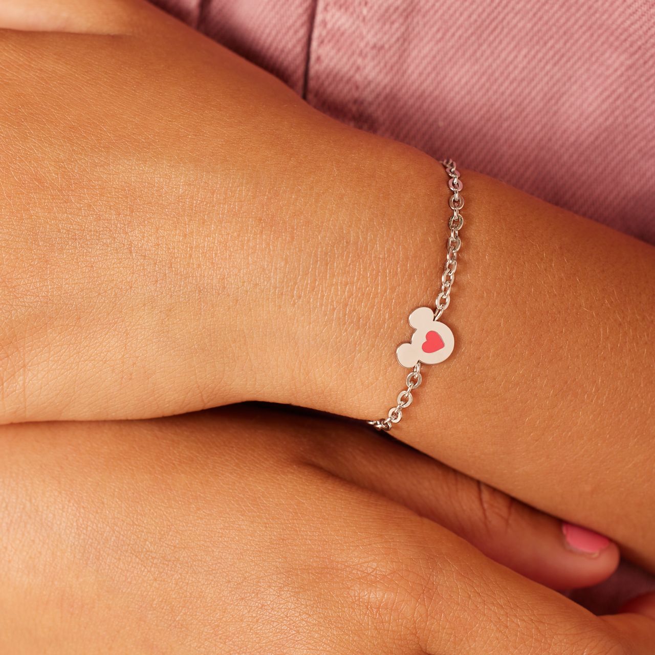 Disney – Armband aus Edelstahl, Mickey, Herz, rosa Emaille