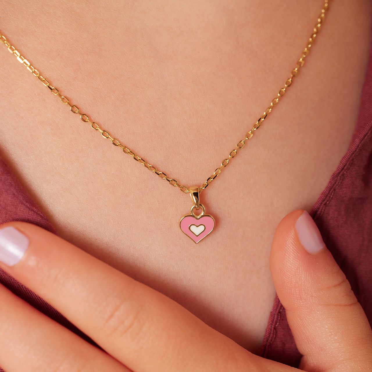 Zilveren goldplated kinderketting met hanger hart met emaille