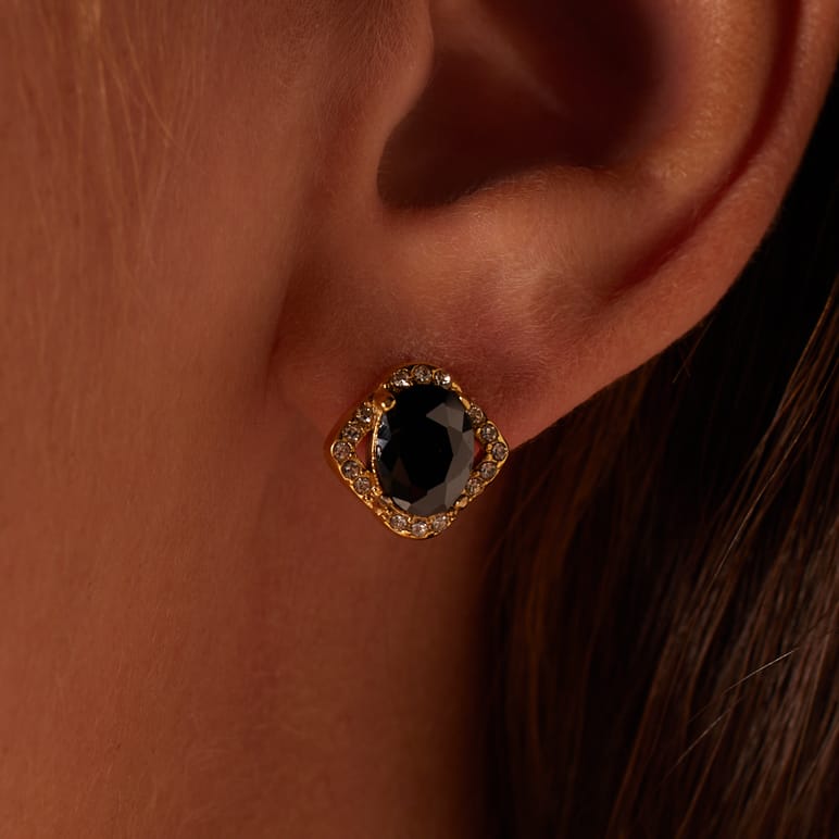 Stalen goldplated vintage oorbellen met zwart zirkonia