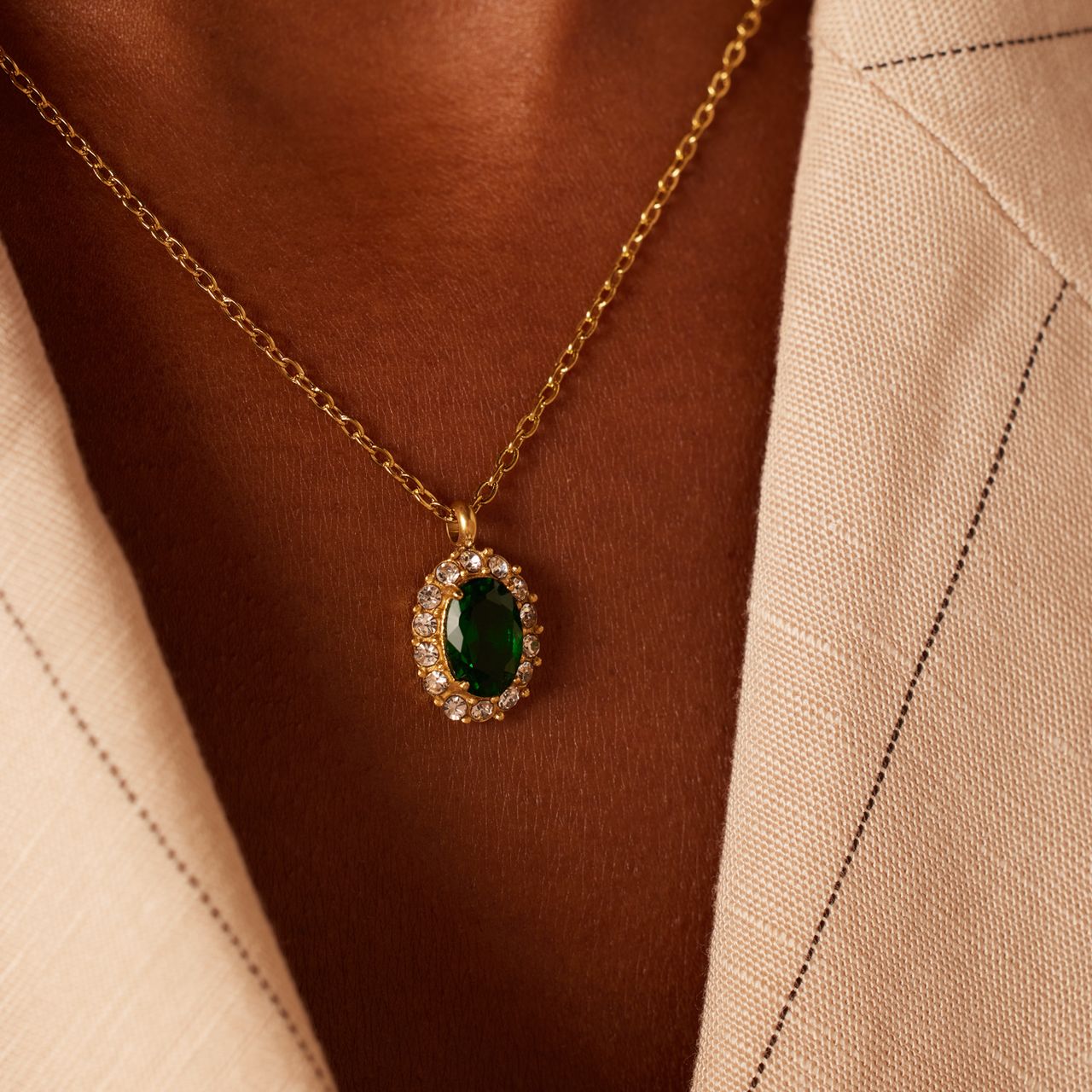 Stalen goldplated vintage ketting met groen zirkonia
