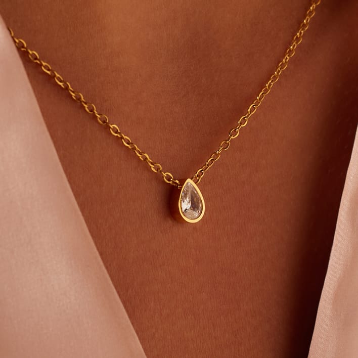 Stainless steel goldplated ketting met druppel zirkonia