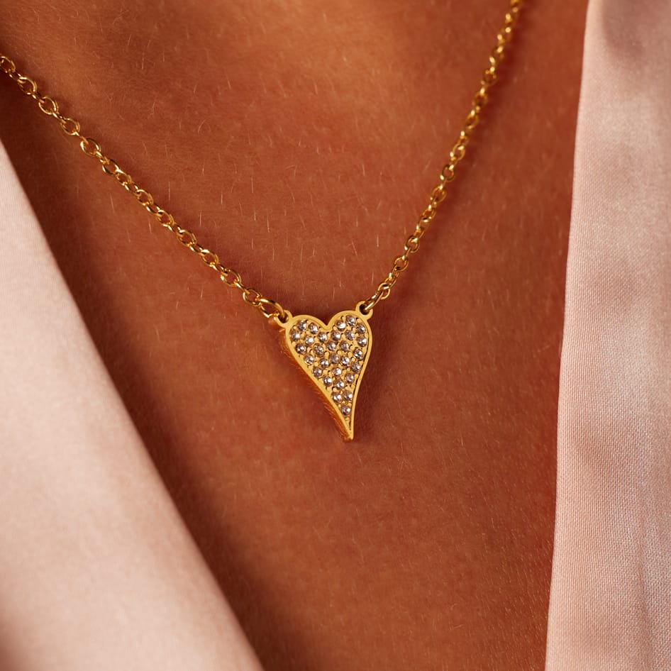 Stainless steel goldplated ketting met hanger hart met zirkonia voor dames