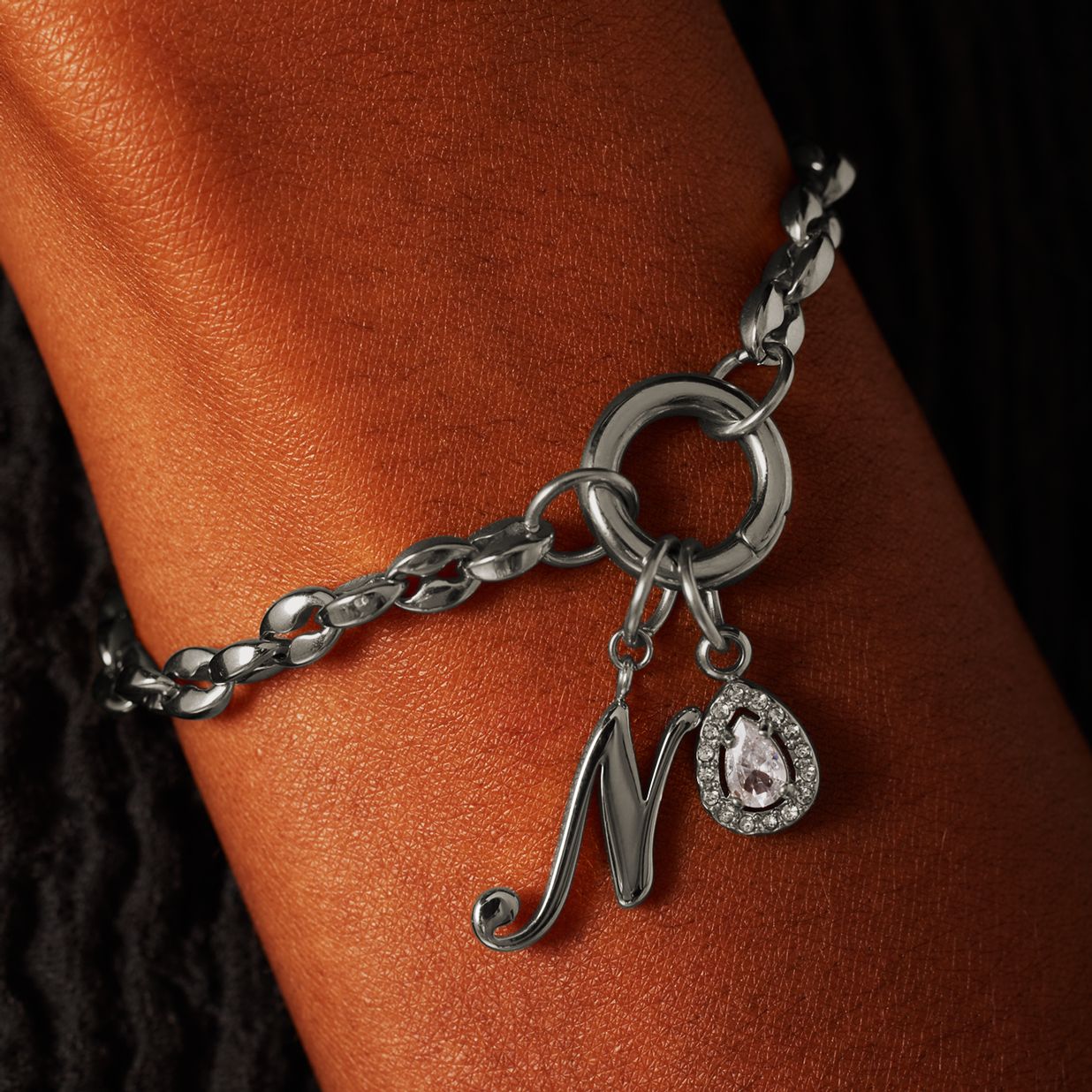 Charm aus Edelstahl, Tropfen, Zirkonia