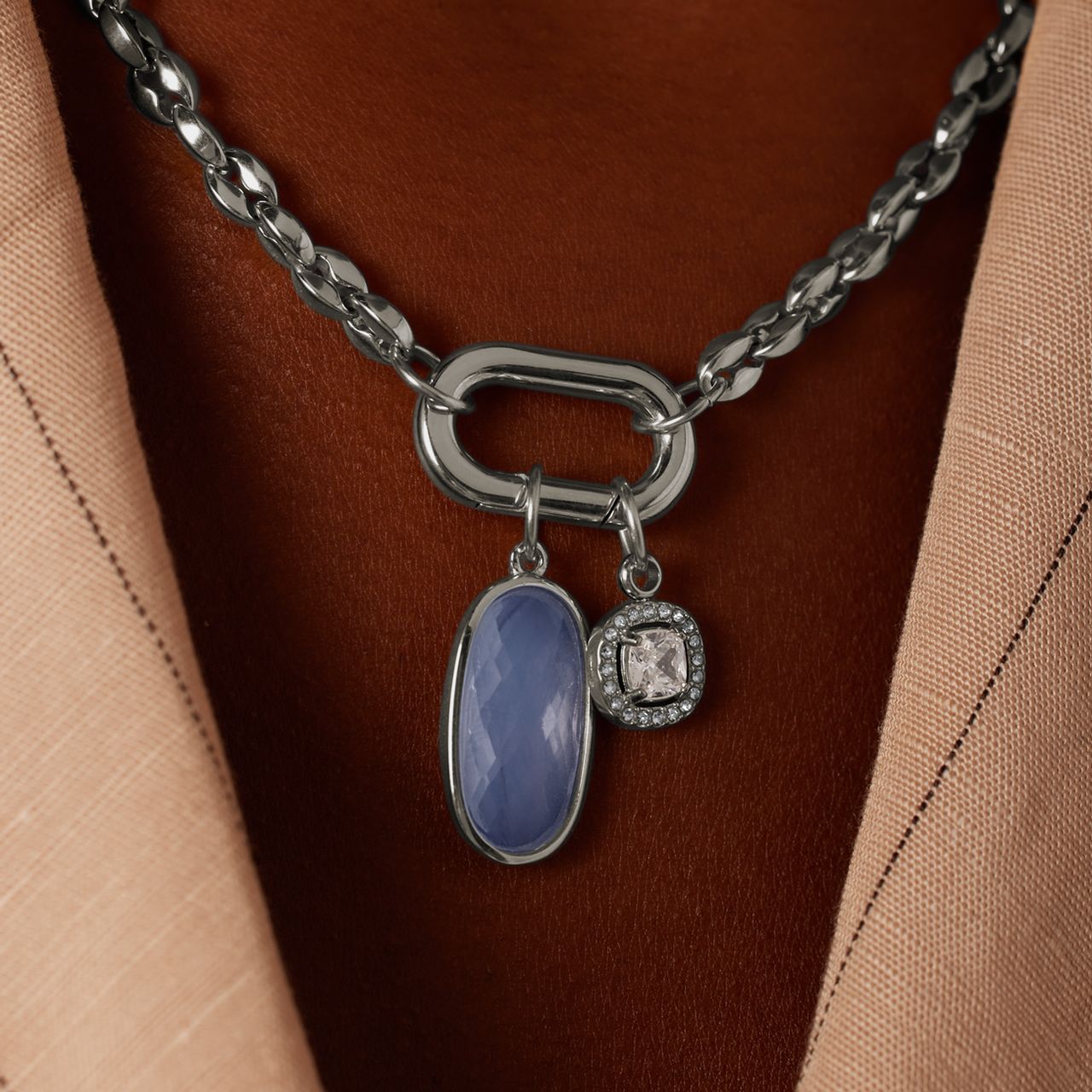 Charm aus Edelstahl, offenes Quadrat mit Zirkonia