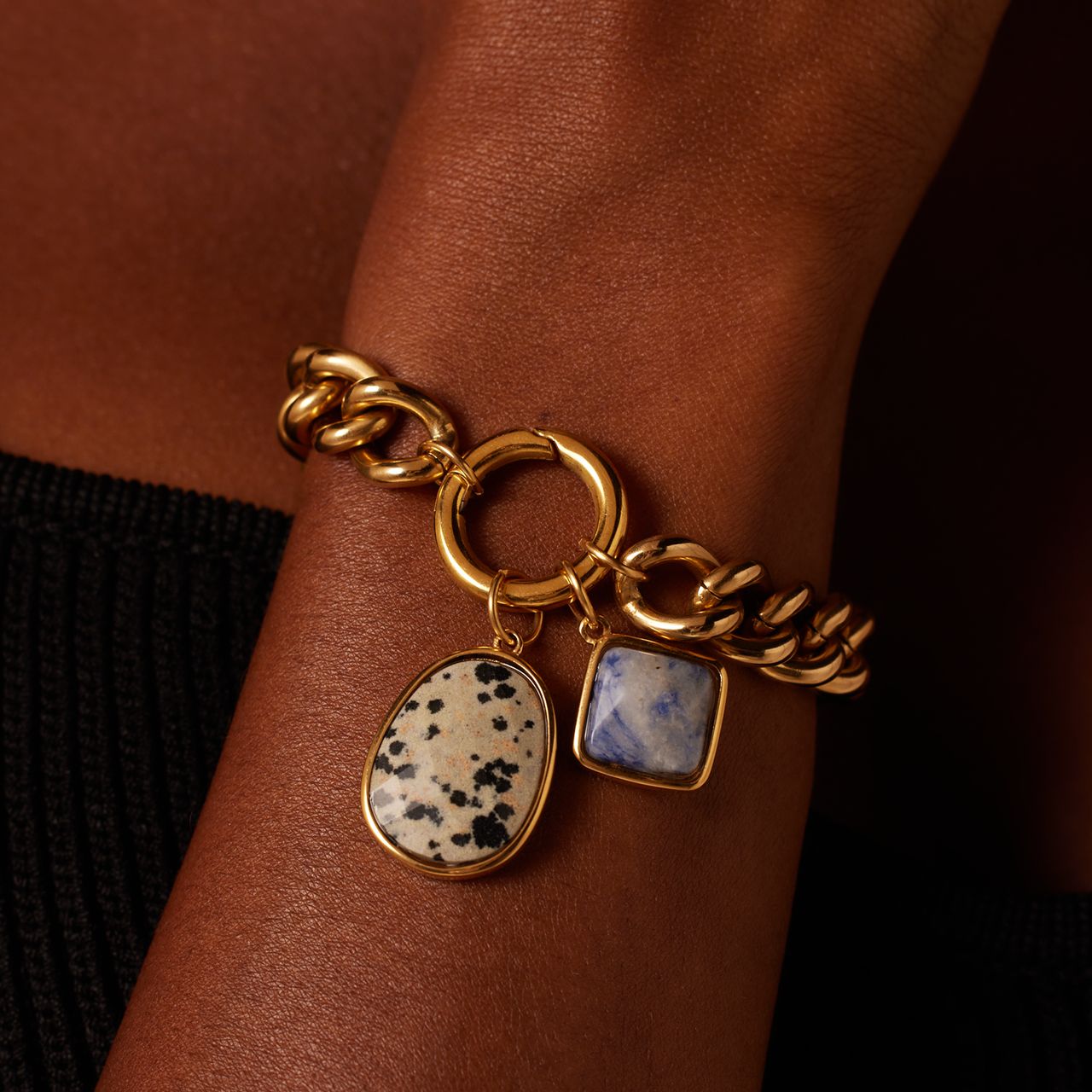 Stainless steel goldplated hanger met damatian jasper voor dames