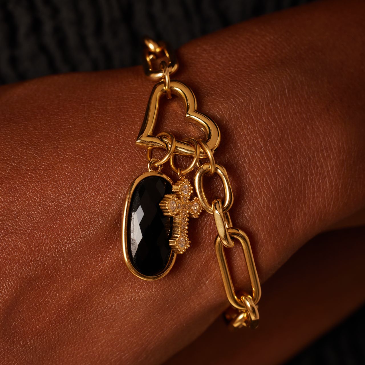 Charm aus Edelstahl, oval, mit schwarzem Achat
