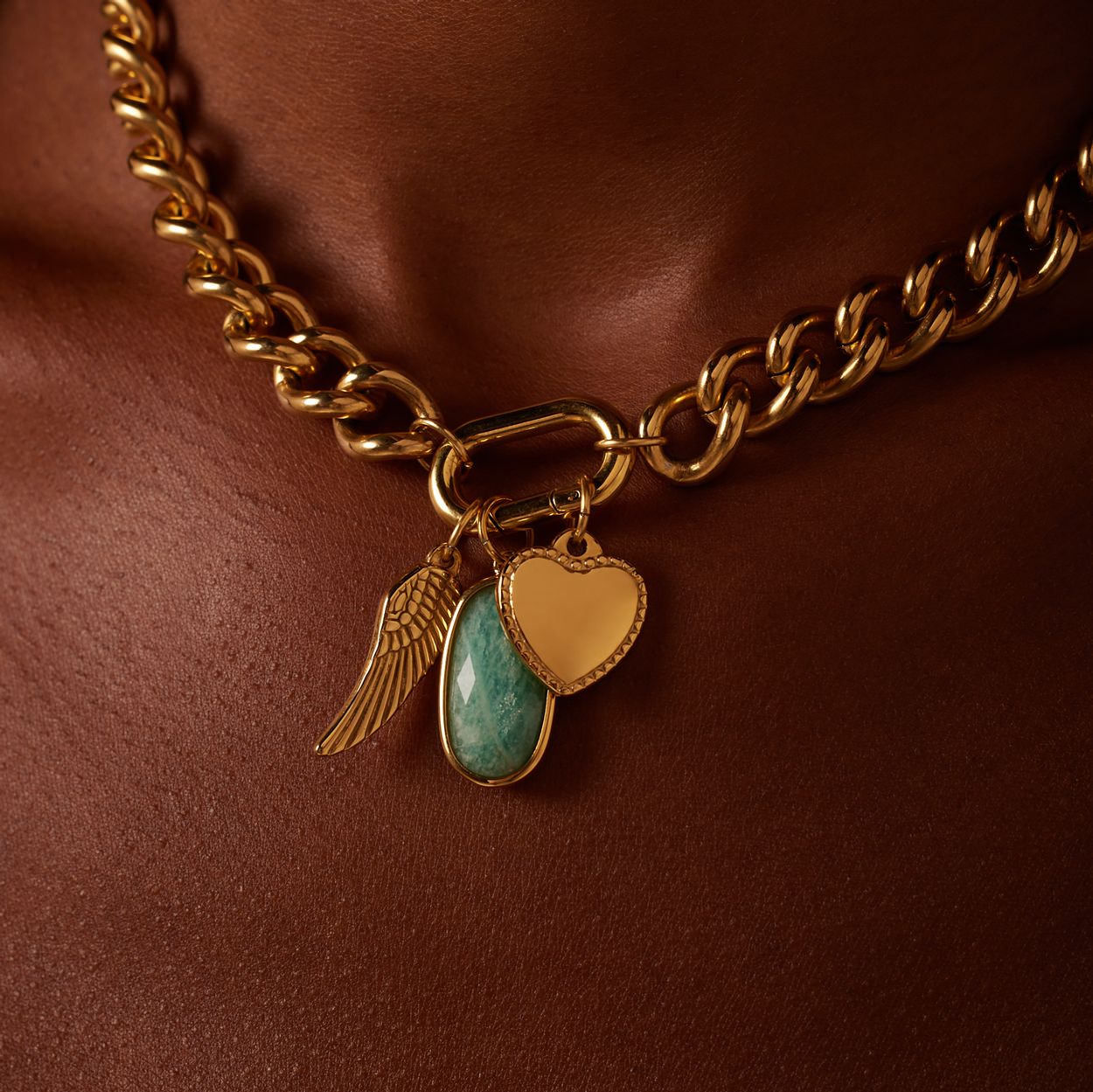 Charm aus Edelstahl, vergoldet, oval, mit Amazonit