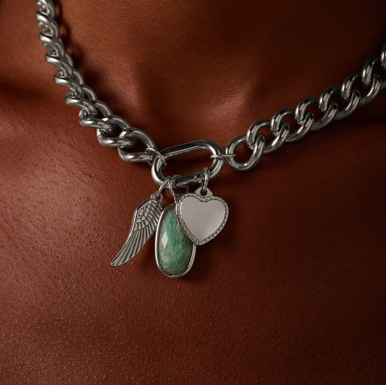 Charm aus Edelstahl, oval, mit Amazonit