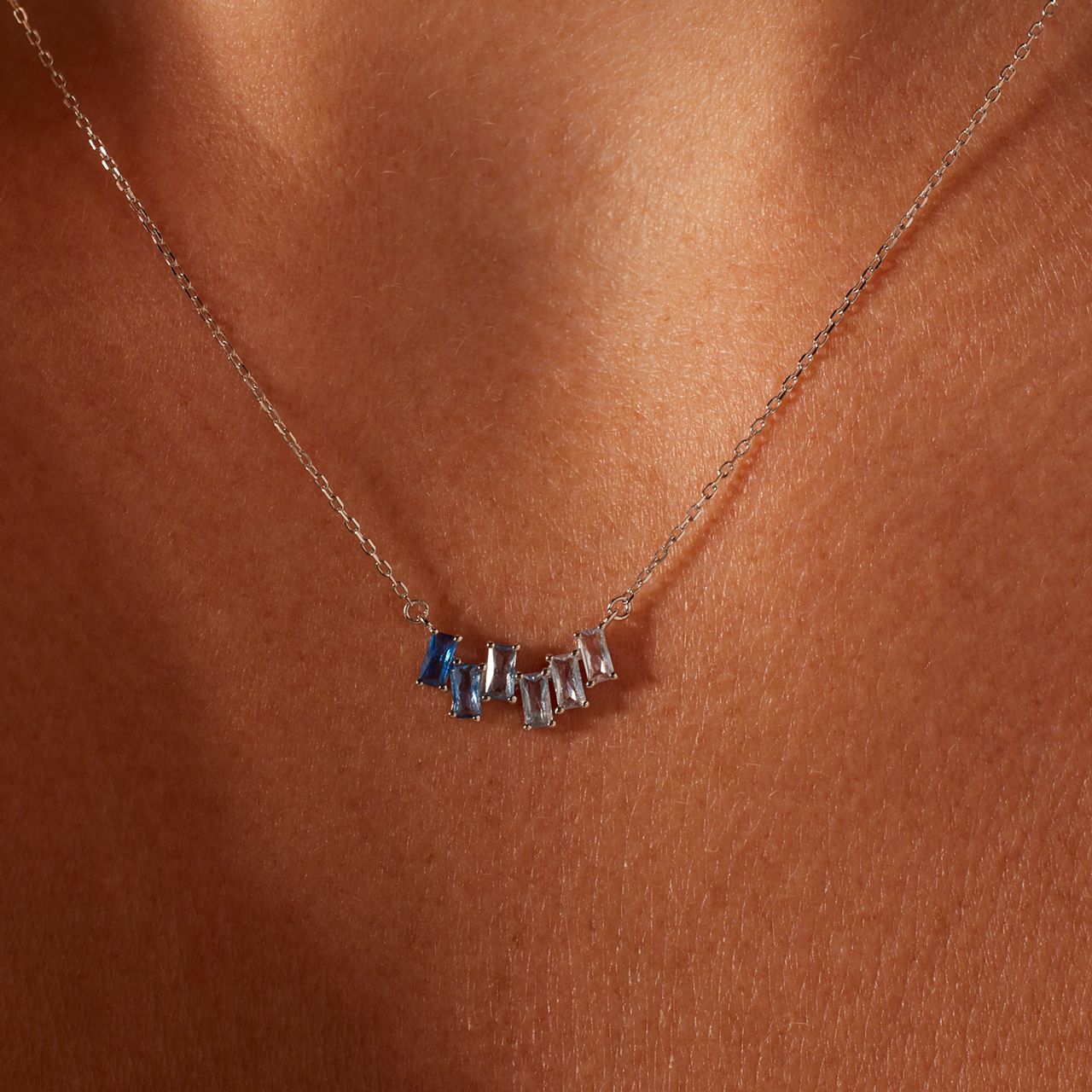 Zilveren ketting baguette blauw