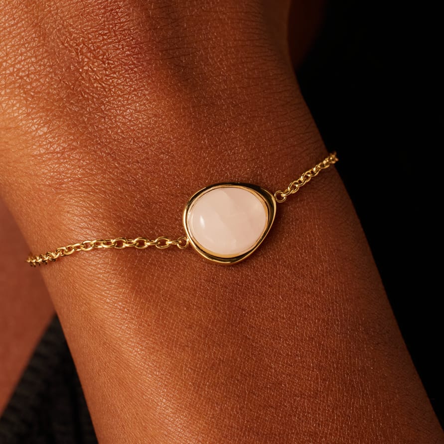 Stainless steel goldplated fantasiearmband met rozenkwarts voor dames