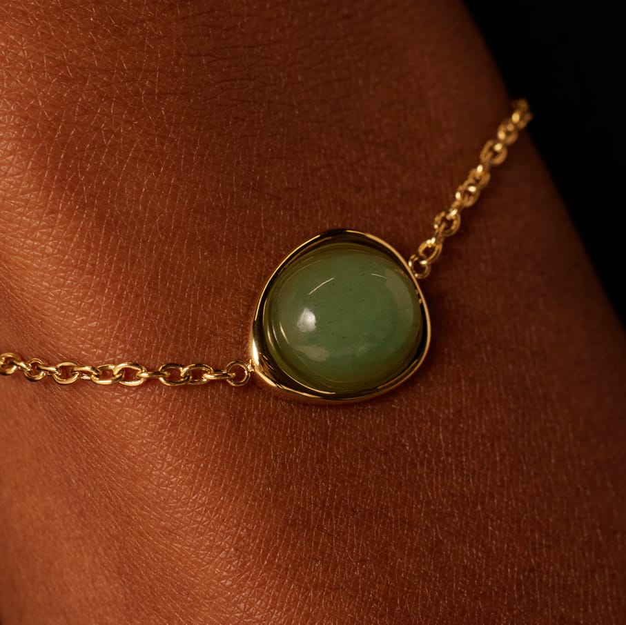 Stainless steel goldplated armband met groen aventurijn ovaal