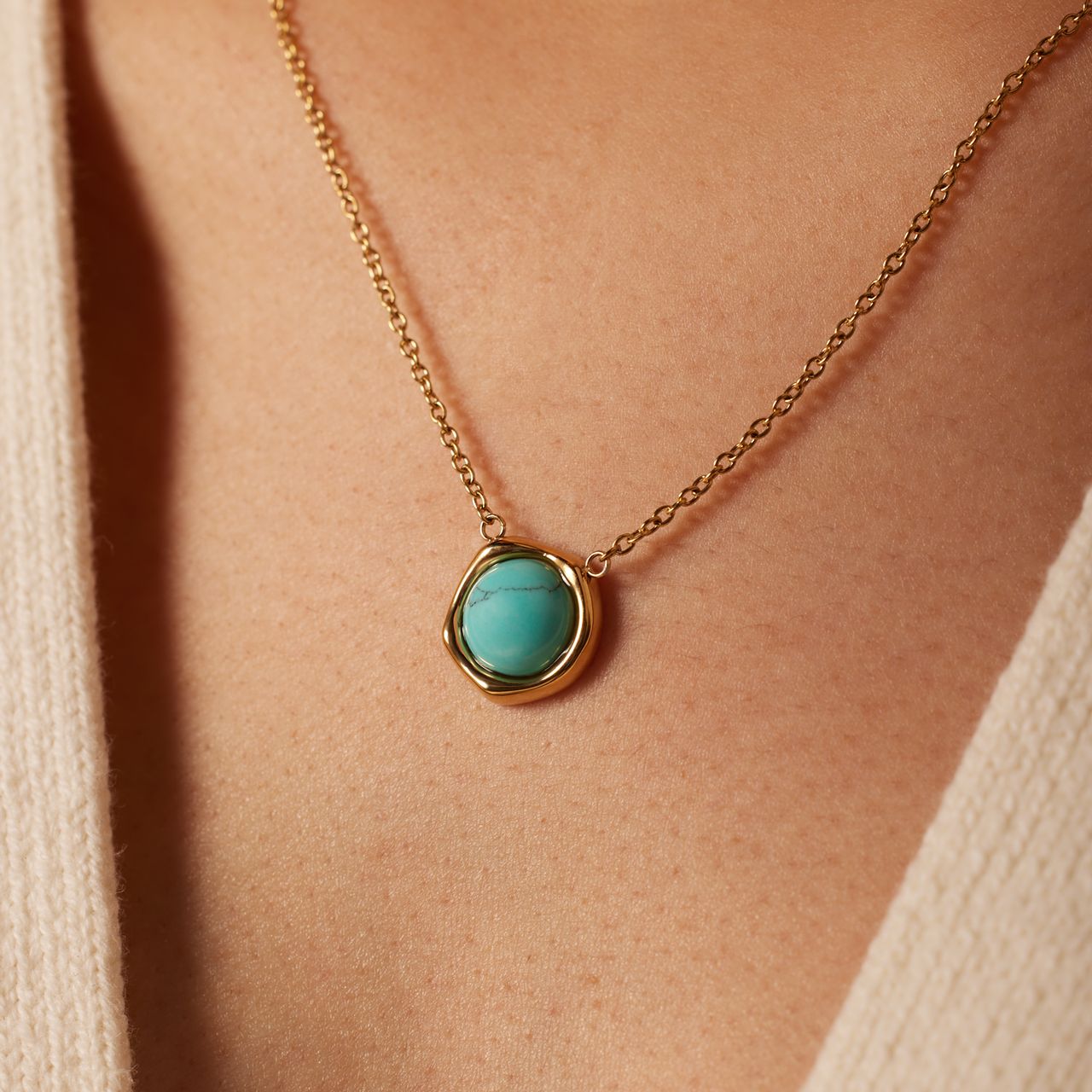 Stalen goldplated ketting met hanger met turquoise voor dames