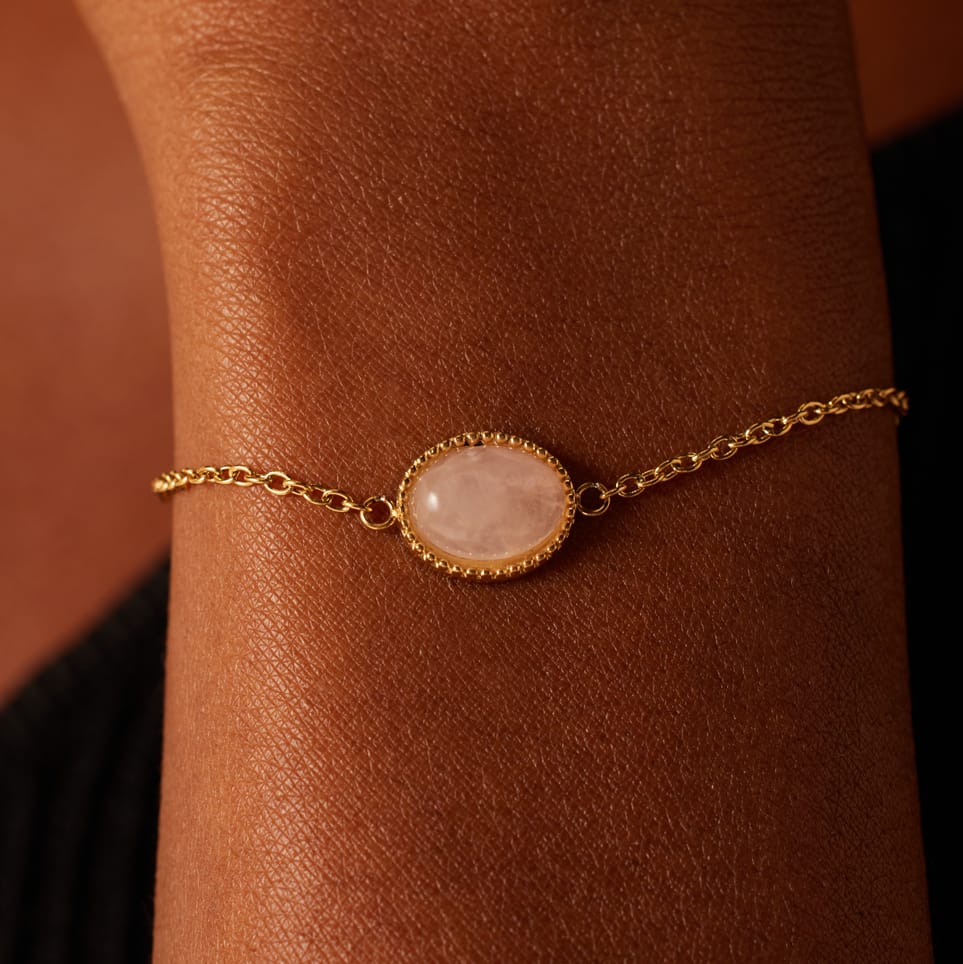 Stainless steel goldplated armband met rozenkwarts
