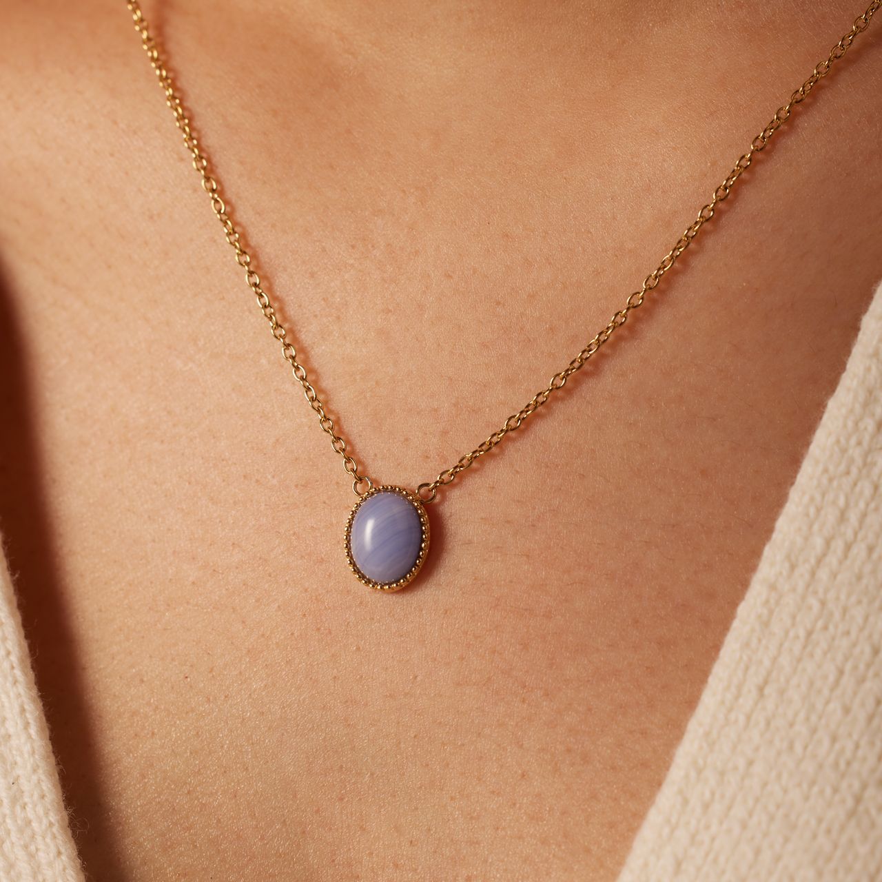 Stalen goldplated ketting met hanger met blue lace agaat voor dames