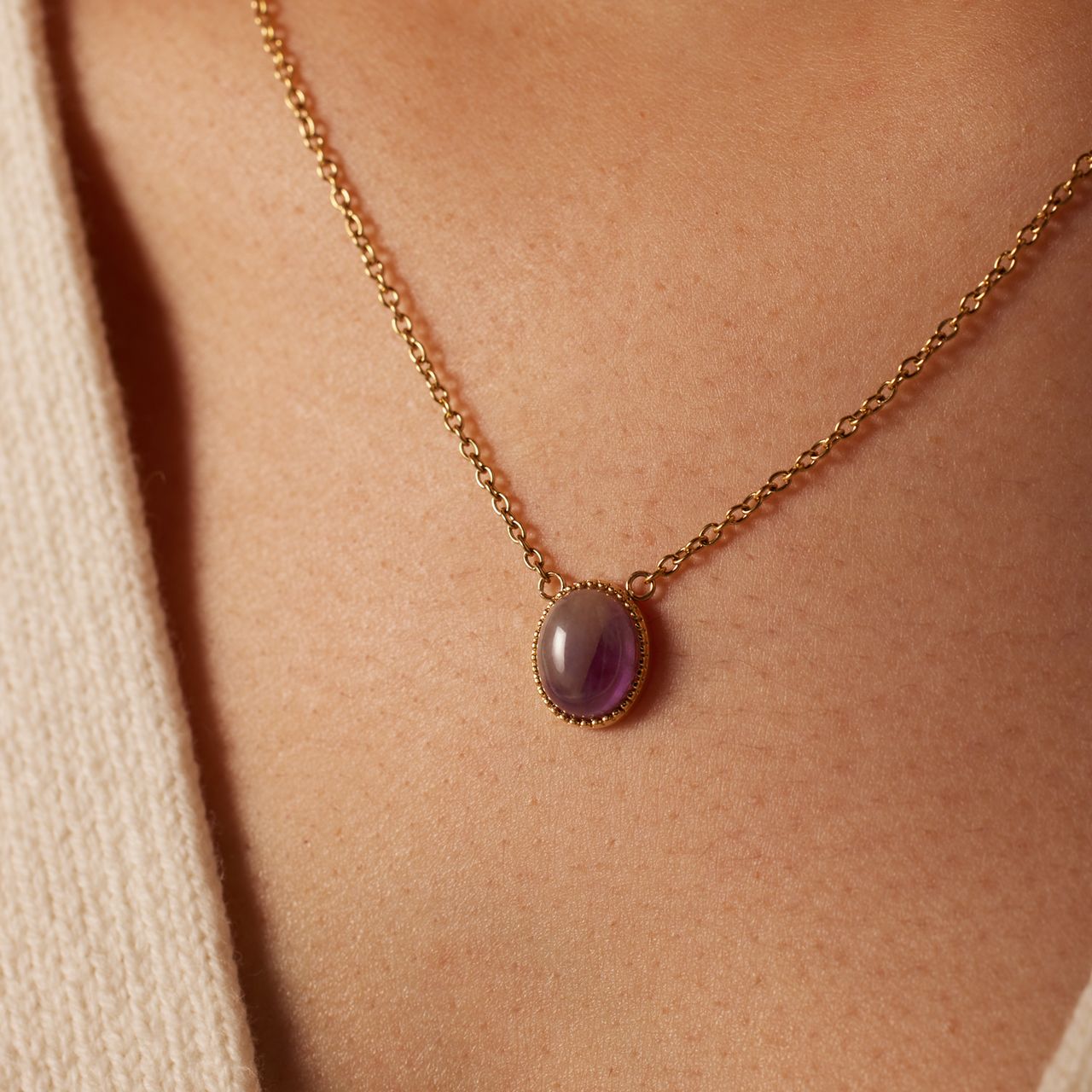 Stalen goldplated ketting met hanger met amethyst voor dames