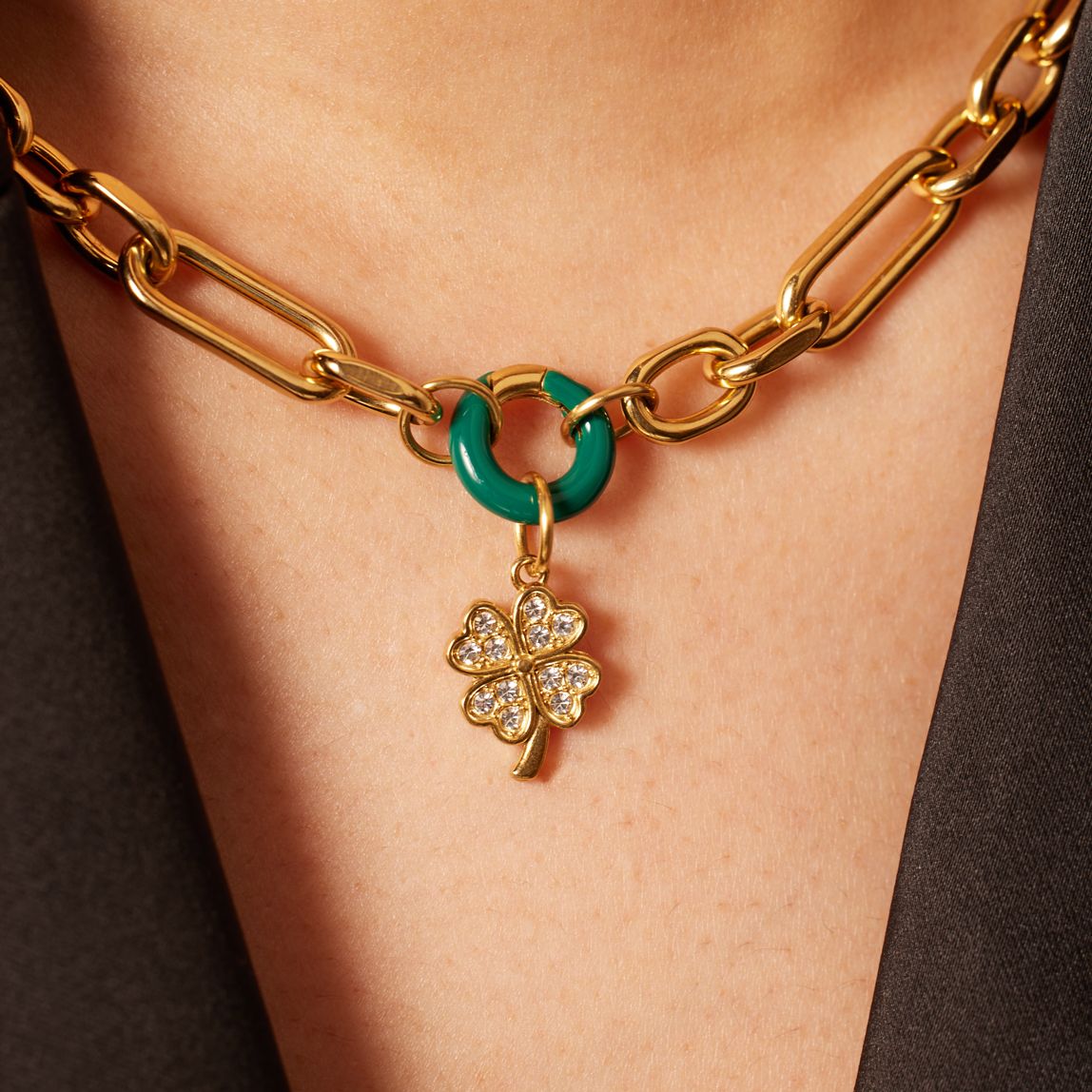 Stainless steel goldplated hanger met groen email voor dames