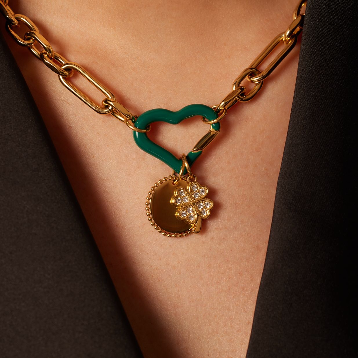 Stainless steel goldplated hanger hart met groene email voor dames