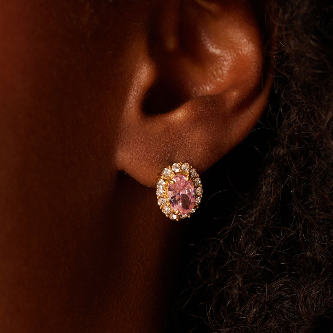 Stalen goldplated vintage oorbellen met roze zirkonia