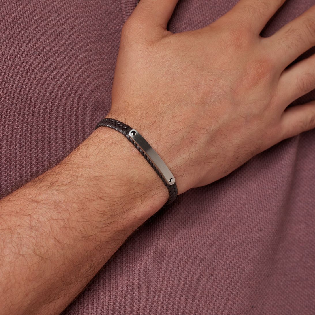 Stainless steel herenplaatarmband gevlochten leer bruin