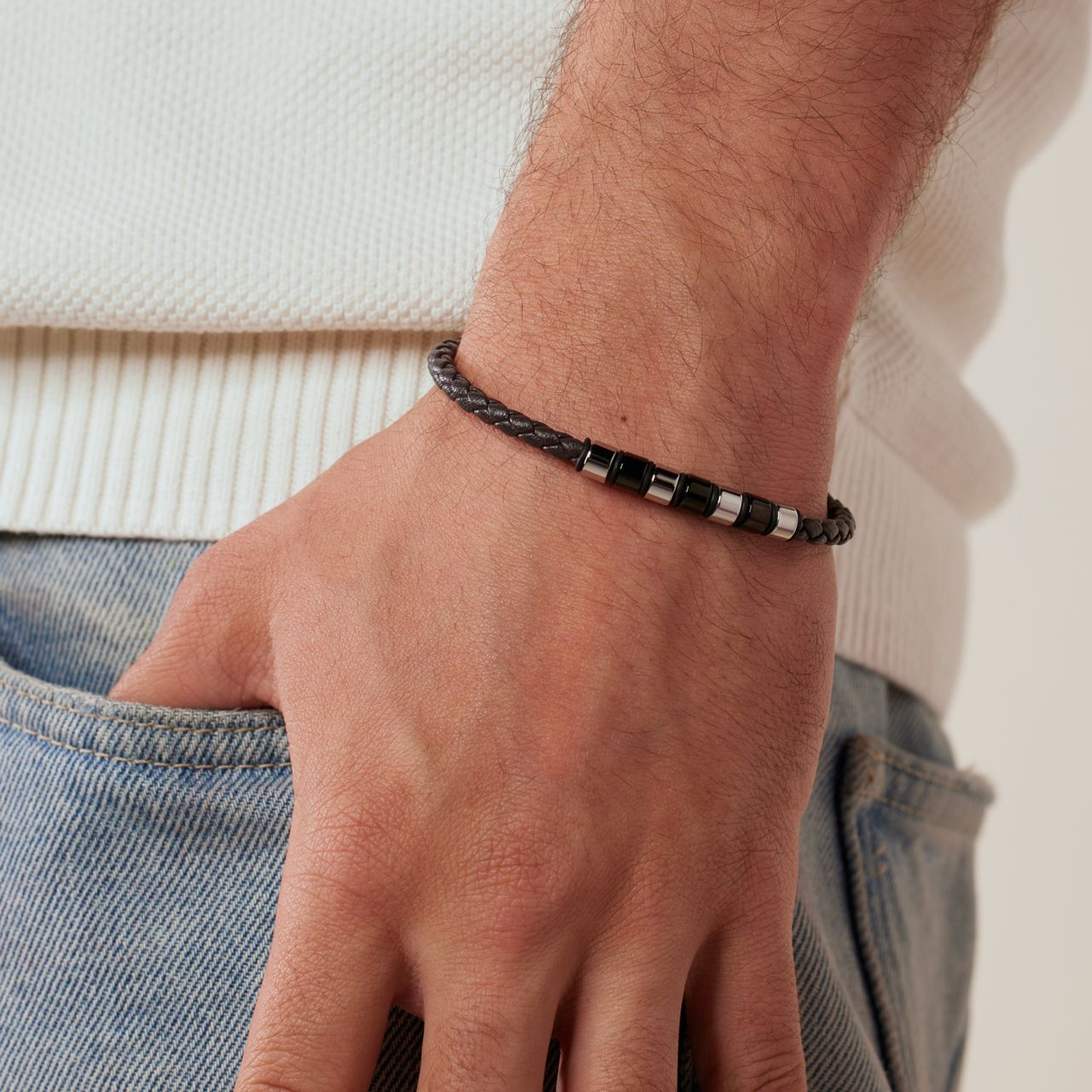 Stainless steel herenarmband gevlochten leer bruin