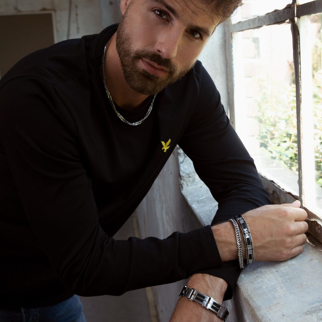 Gerecycleerd stalen herenarmband zwarte kabel