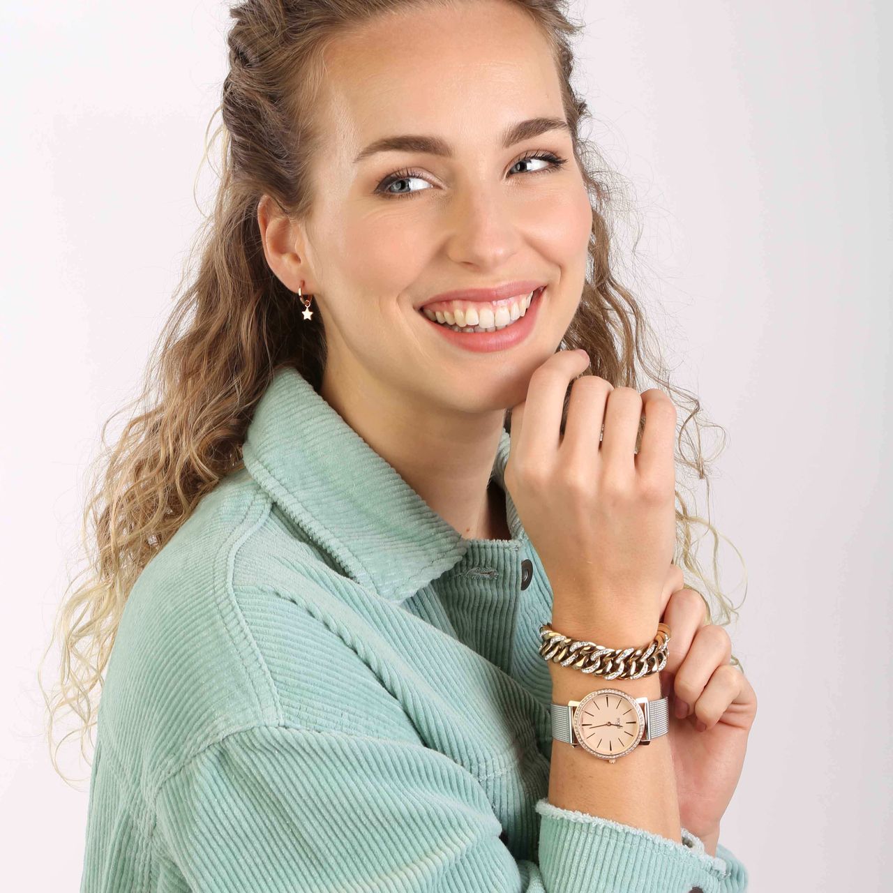 Stalen schakelarmband roseplated met kristal