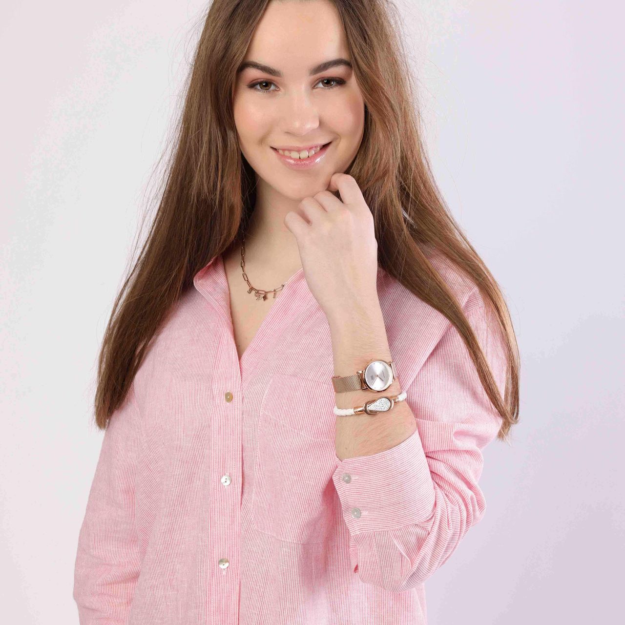 Gerecycled stalen armband leer wit/rose met kristal