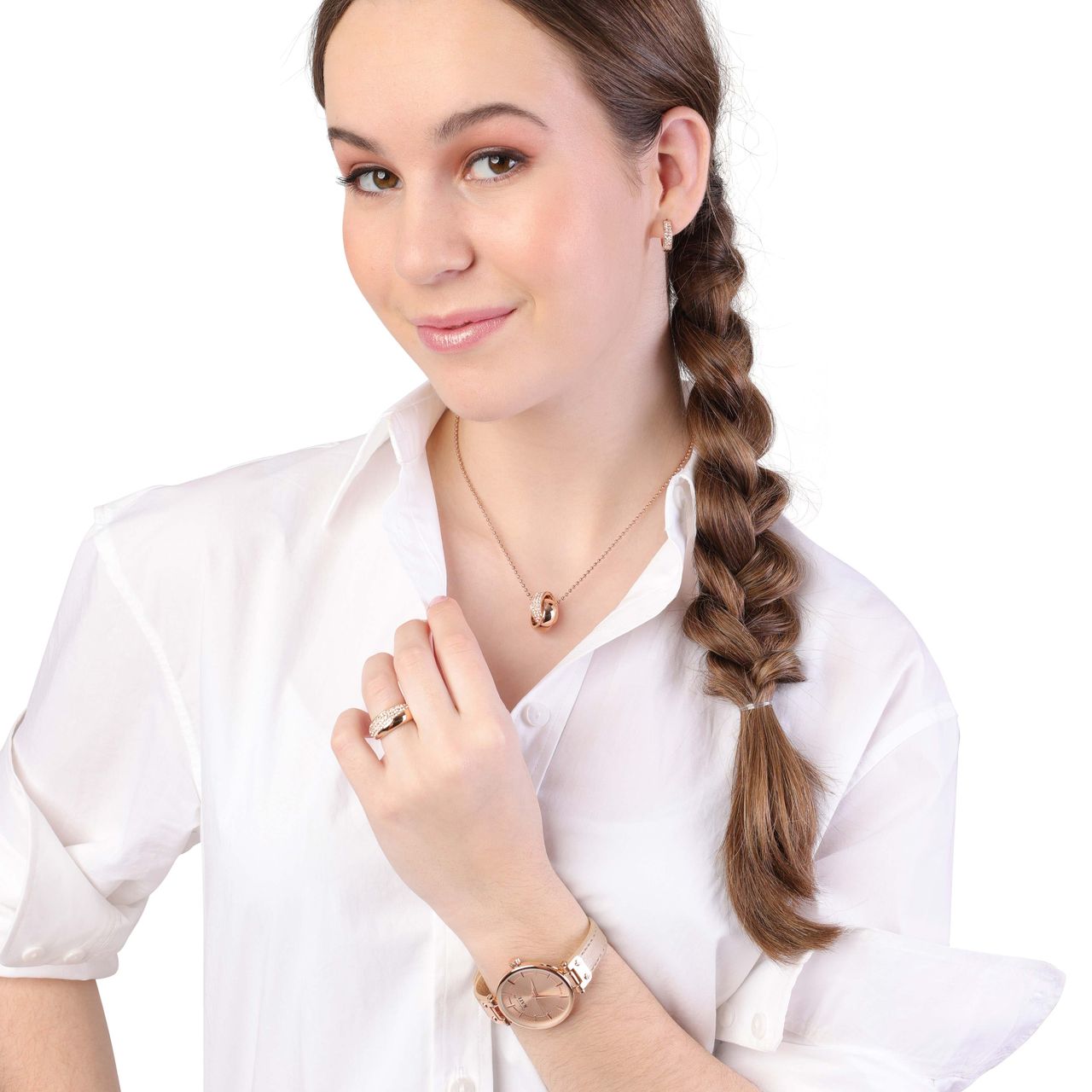Gerecycleerd stainless steel ring roseplated light peach kristal